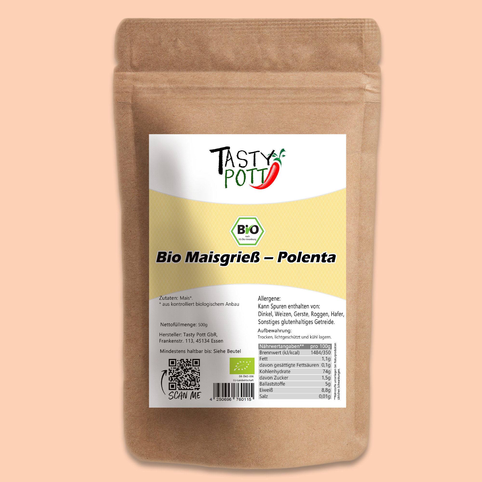 Tasty Pott Bio Maisgrieß (Polenta) – glutenfreie Beilage & vielseitige Kochzutat aus Mais 1000g