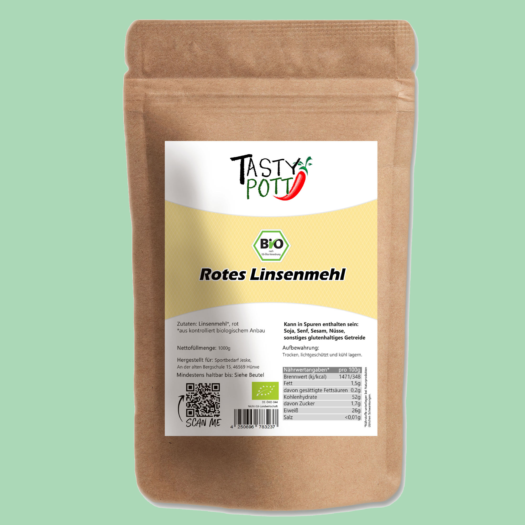 Bio Linsenmehl aus roten Linsen – Glutenfrei – 1kg Beutel Feines rotes Linsenmehl in Bio-Qualität, 1kg
