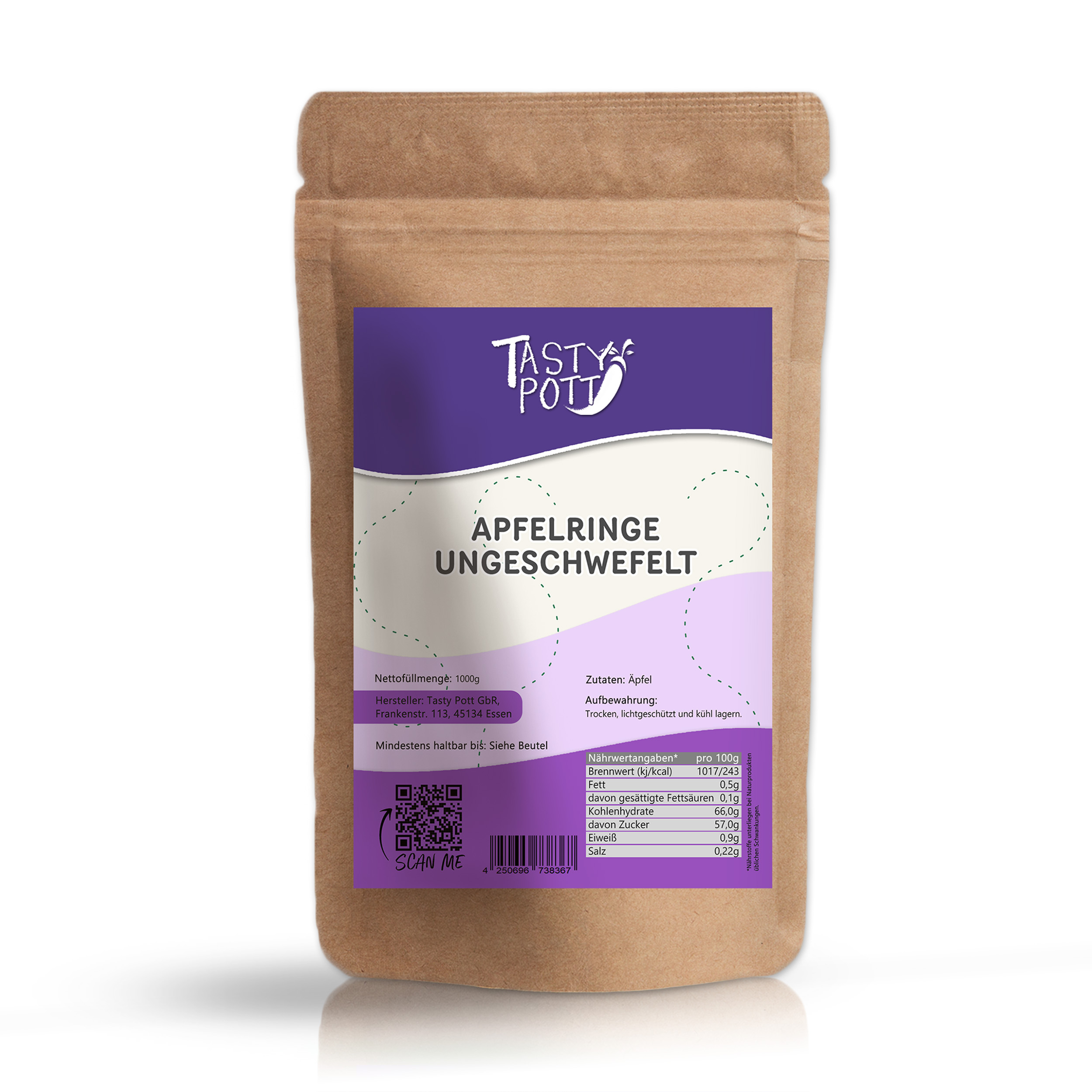 Tasty Pott Apfelringe getrocknet, ungeschwefelt 1Kg
