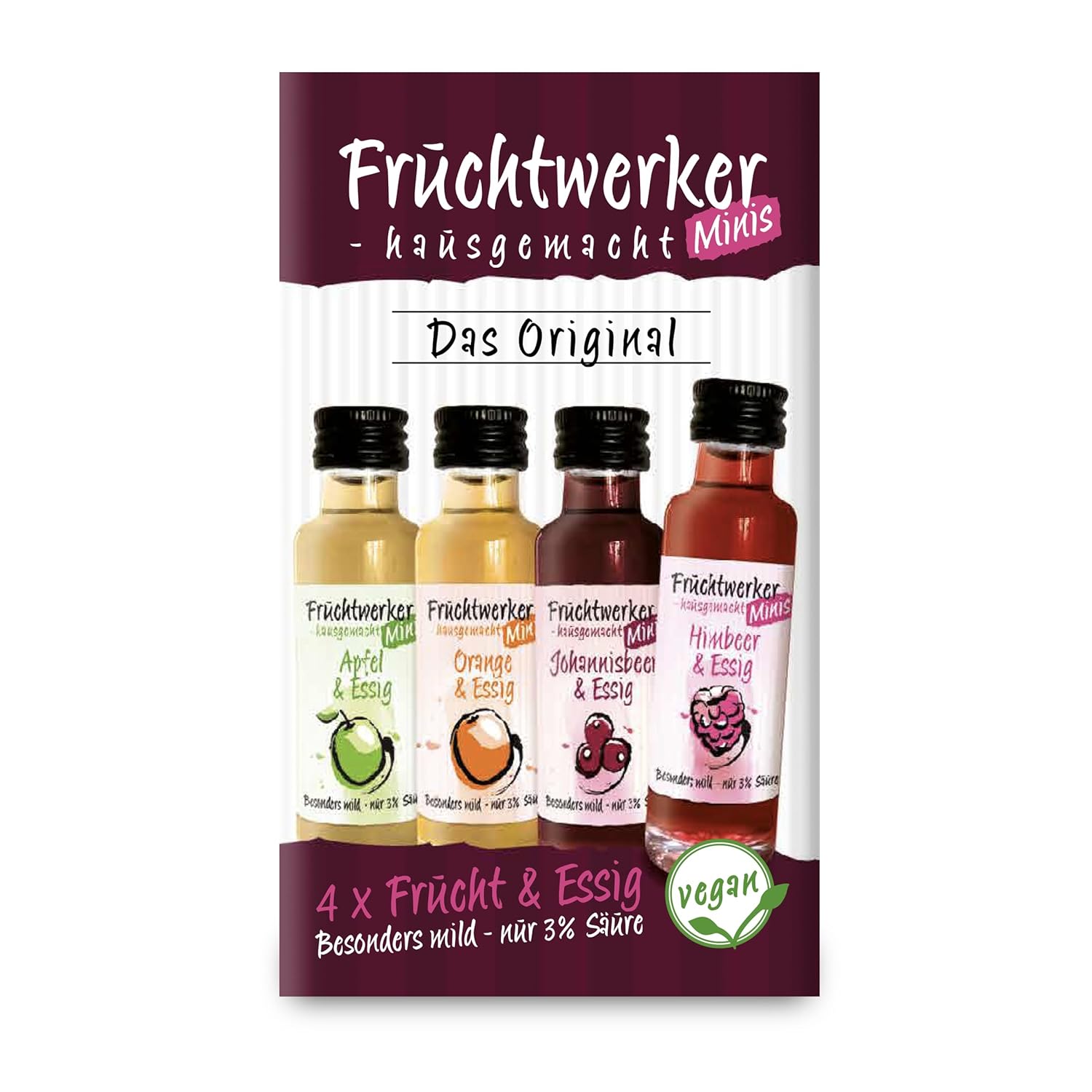 Fruchtwerker Minis 4er-Set |Himbeere | Orange | Johannisbeere | Apfel |