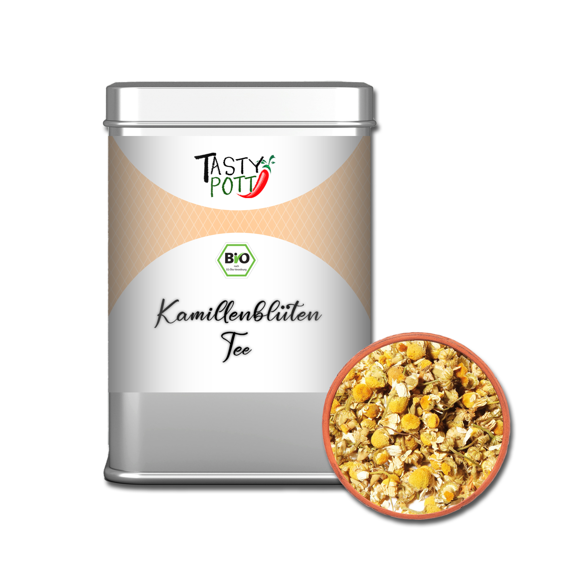 Bio Kamillenblüten Tee - lose Kamillentee - 20g Dose Tasty Pott Bio Kamillenblüten Tee - lose Kamillentee - 20g Dose Tasty Pott