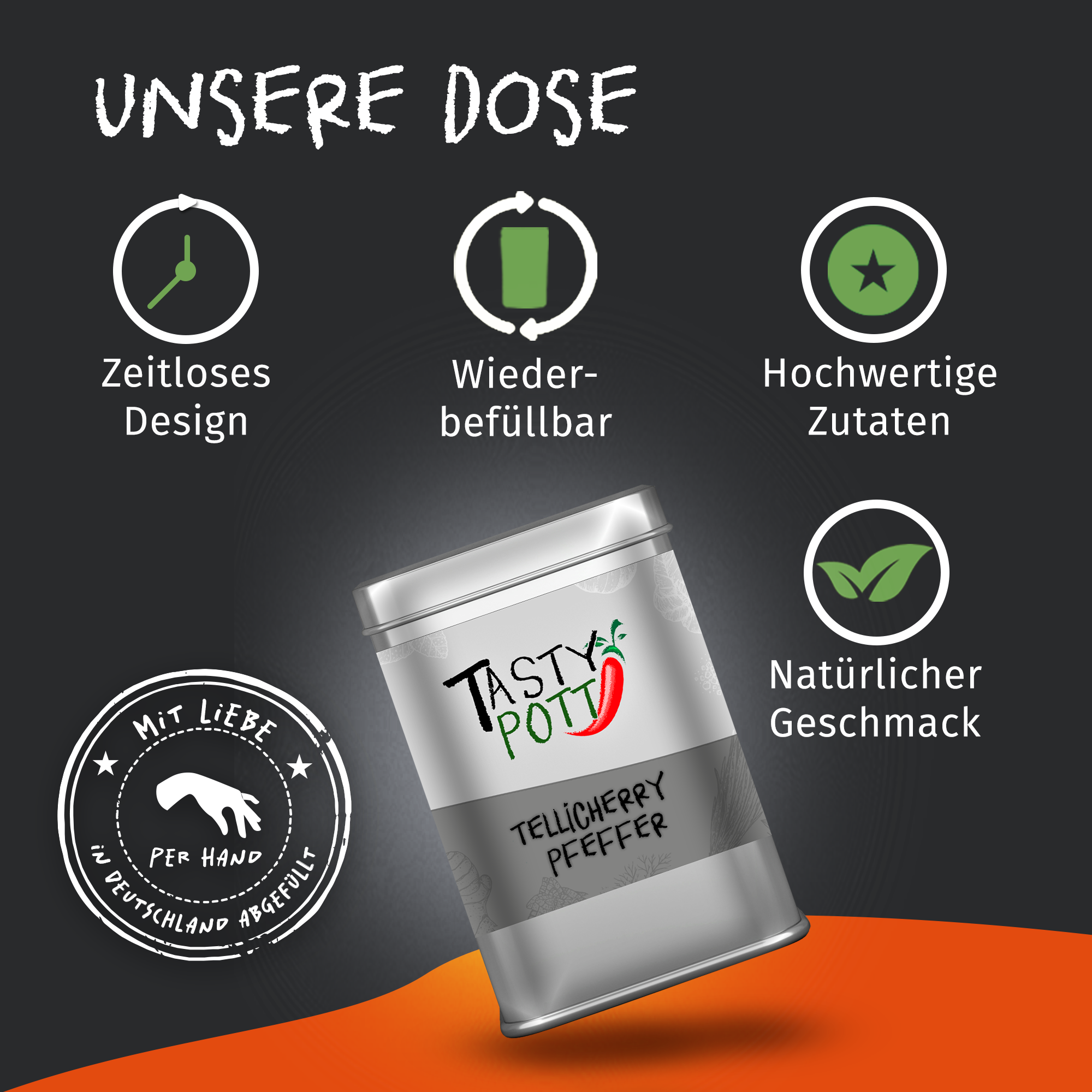 Tellicherry Pfeffer ganz 80g Dose von Tasty Pott Tellicherry Pfeffer ganz 80g Dose von Tasty Pott