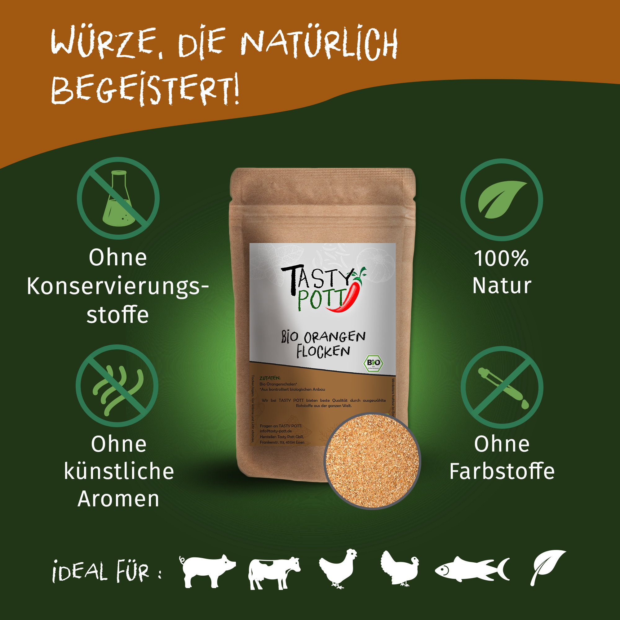 Bio Orangenschalen Flocken - Fruchtpulver - 100g Dose von Tasty Pott 