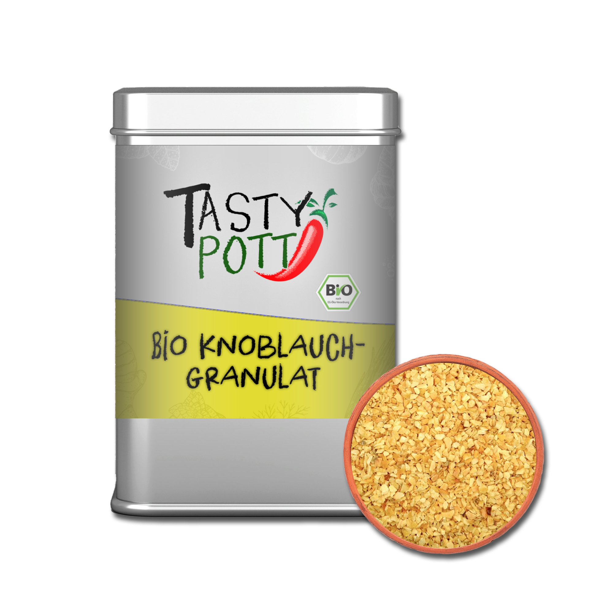 Bio Knoblauchgranulat - Knoblauch Granulat - 100g Dose von Tasty Pott Bio Knoblauchgranulat in 100g Dose – feines Knoblauchgranulat in Bio-Qualität zum Kochen und Würzen