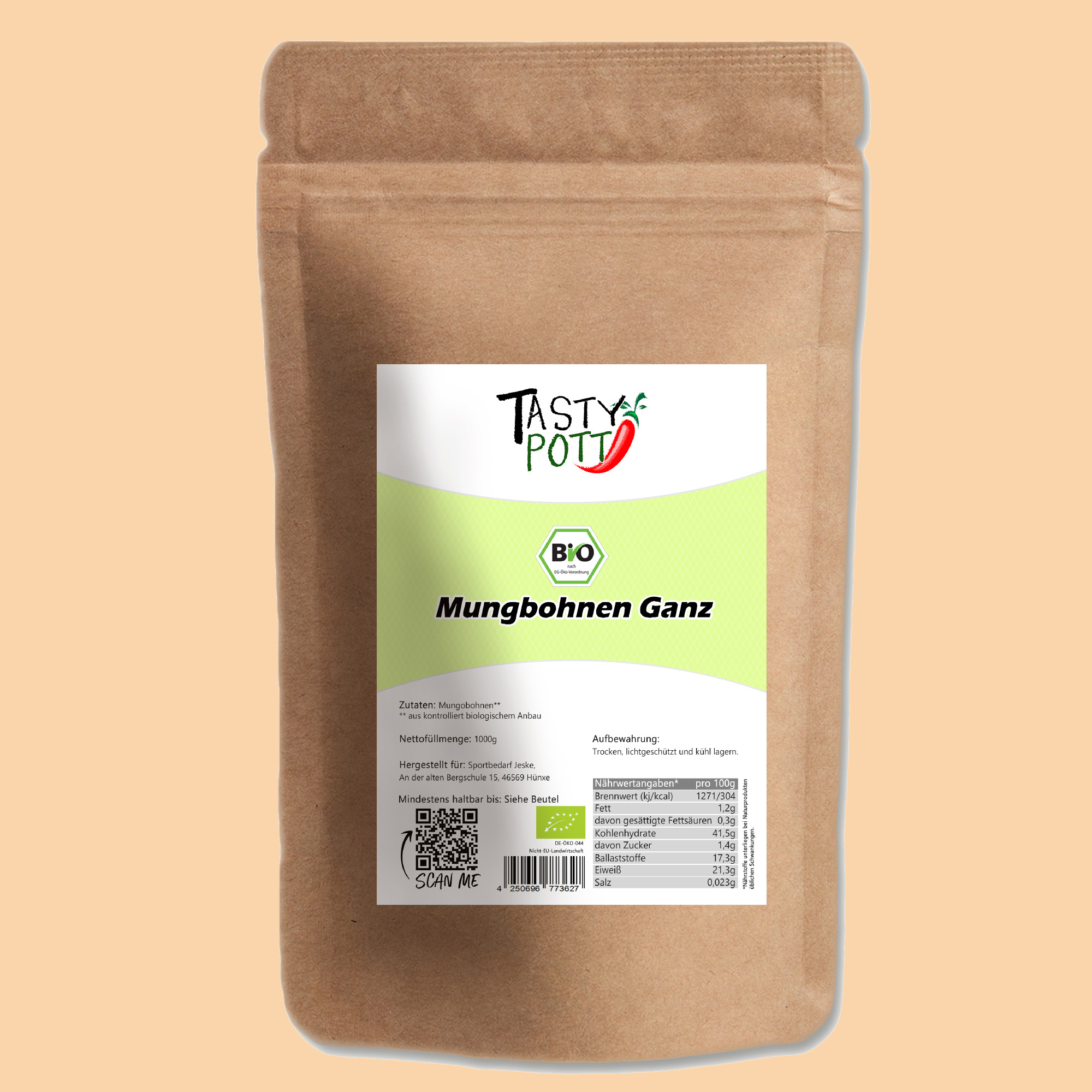 Bio Mungbohnen ganz - grüne Mungbohne - 1Kg Beutel von Tasty Pott 