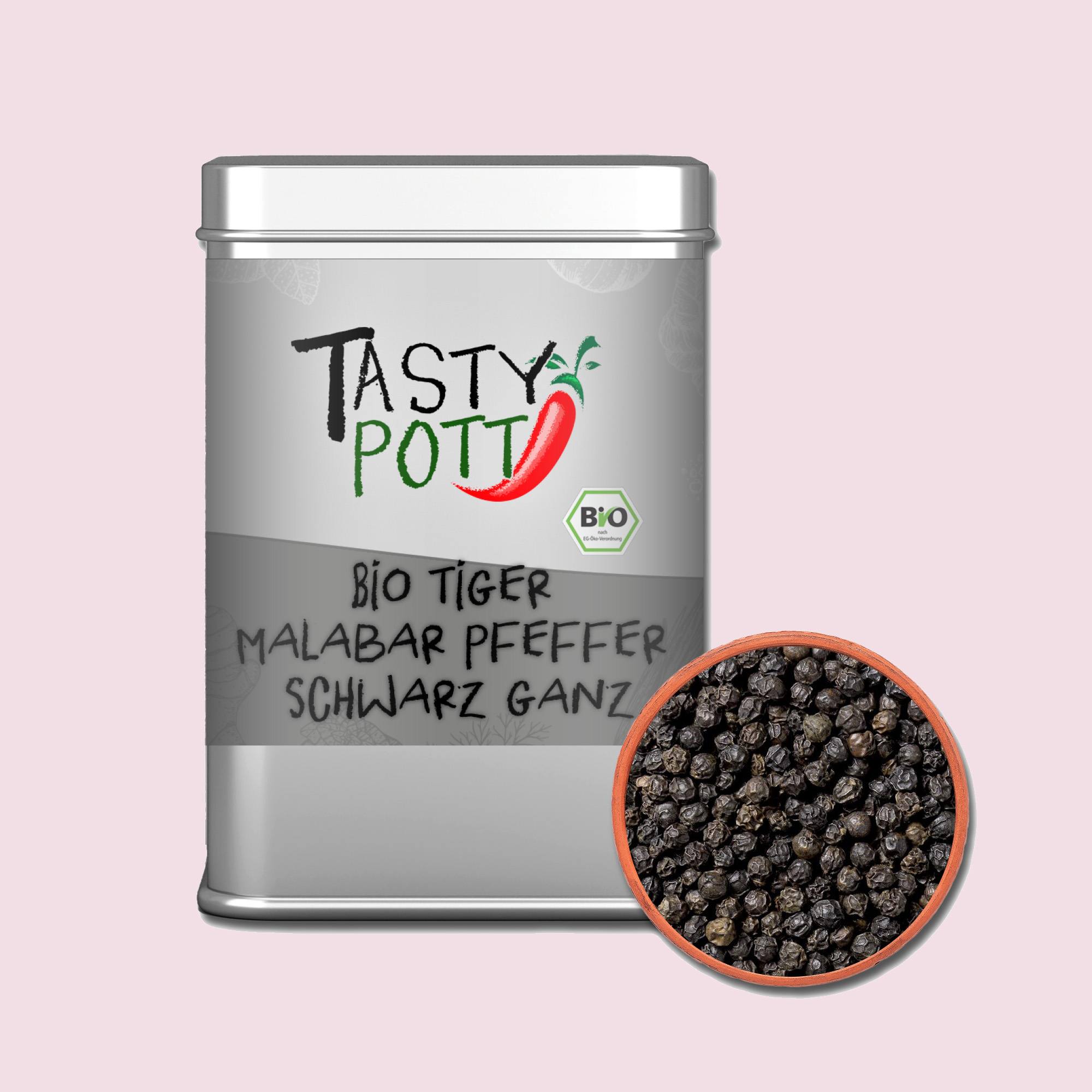 Tiger Bio Malabar Pfeffer schwarz - Tigerpfeffer ganz aus Indien | 100g Dose Tasty Pott   Tiger Bio Malabar Pfeffer schwarz - Tigerpfeffer ganz aus Indien | 100g Dose Tasty Pott
