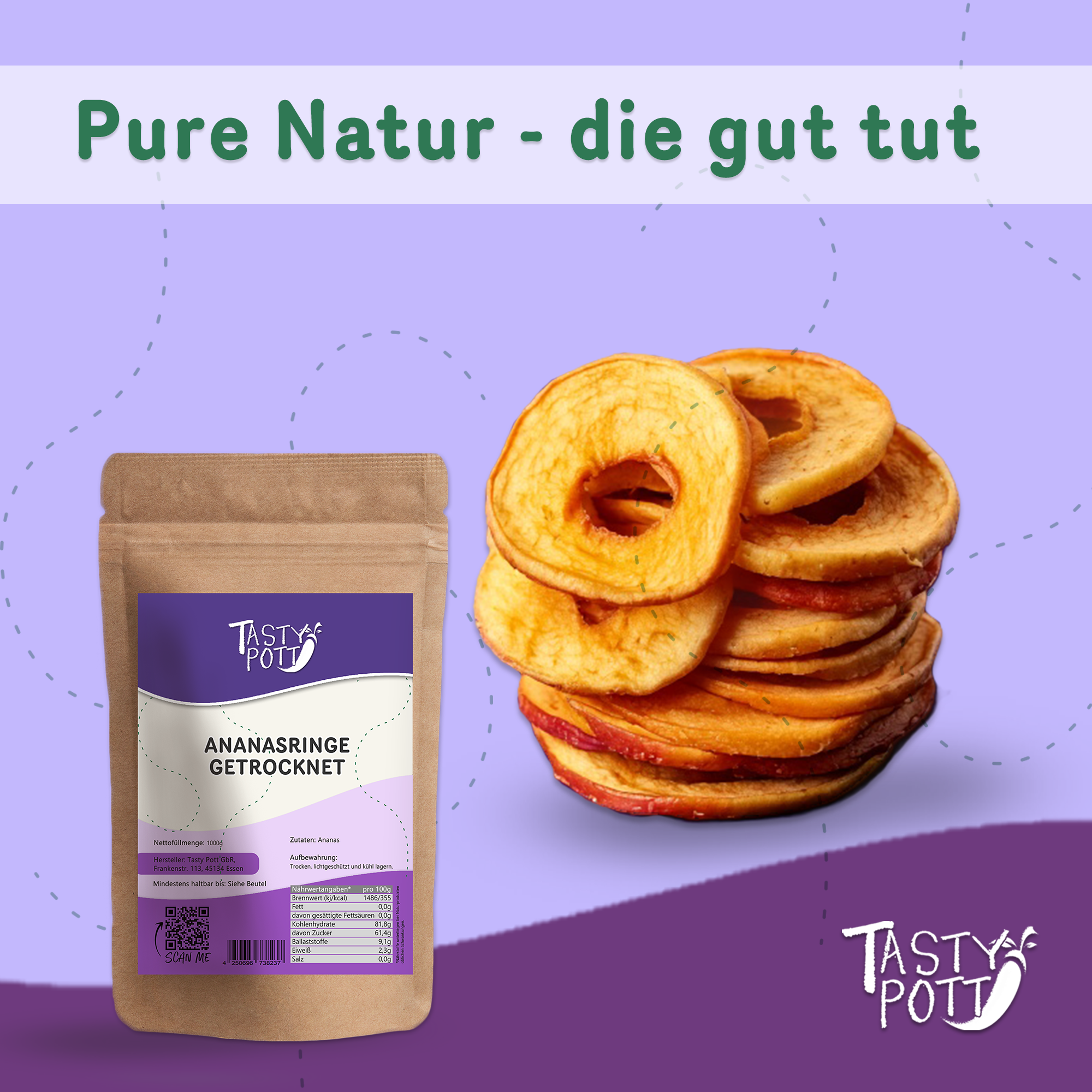 Tasty Pott Apfelringe getrocknet, ungeschwefelt 1Kg