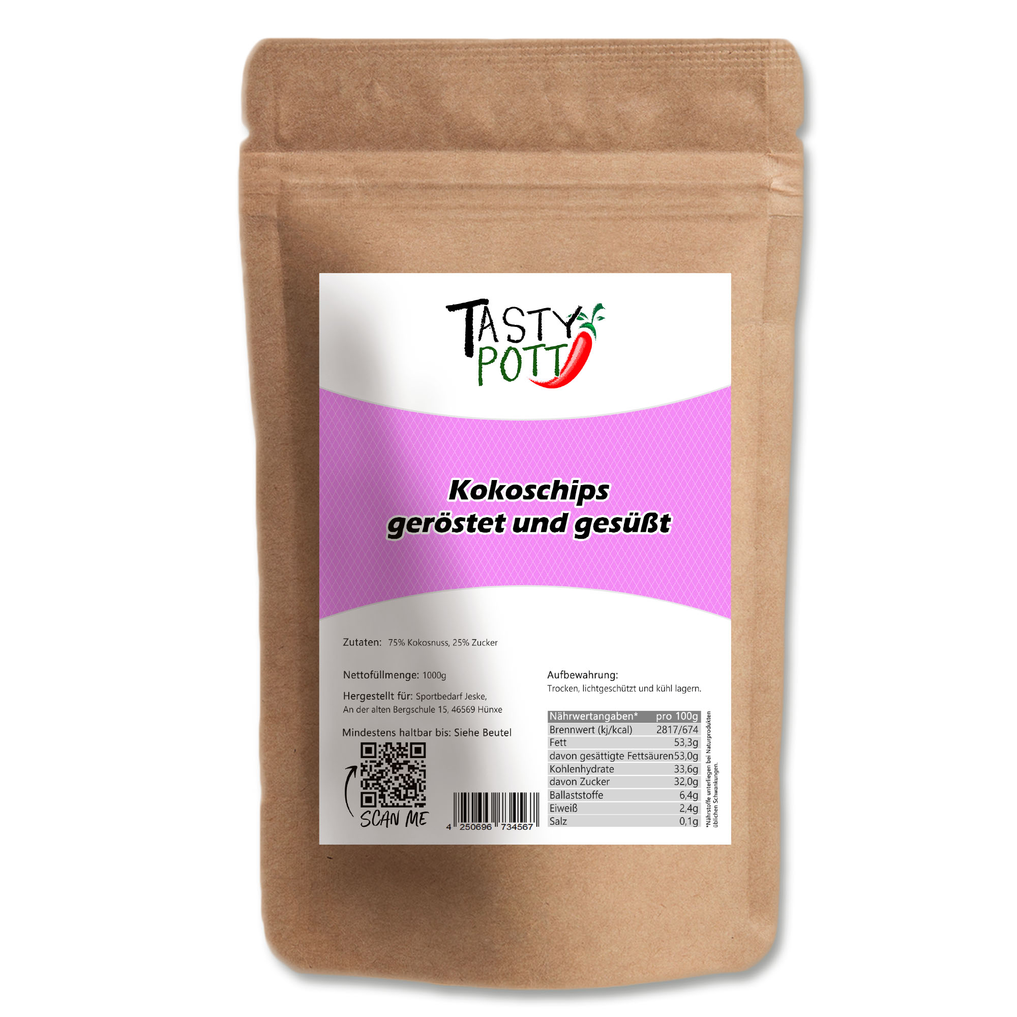Kokoschips geröstet & gesüßt - Kokos | Kokos-Chips 1 kg Beutel Tasty Pott