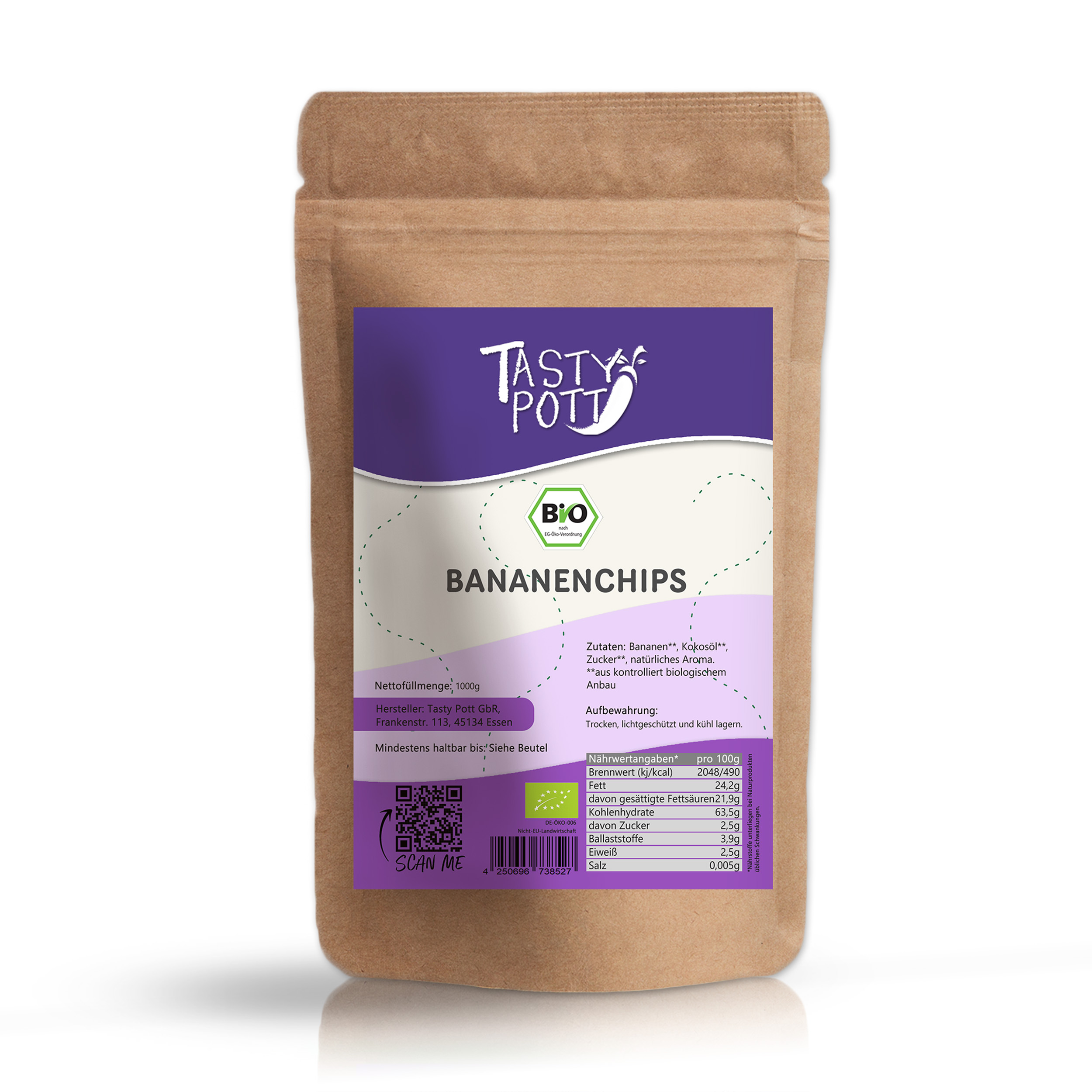 Bio Bananenchips - getrocknet mit Zuckerzusatz - 1Kg Beutel von Tasty Pott