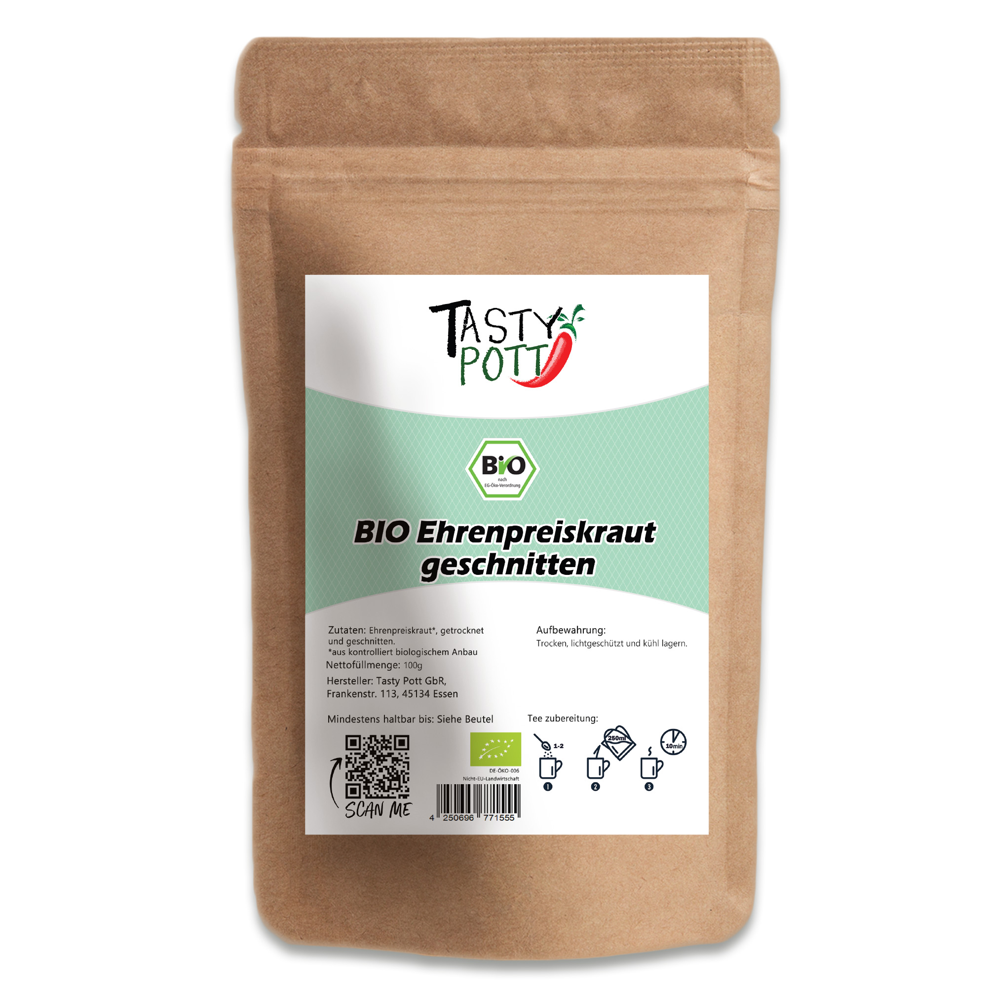 Tasty Pott Bio Ehrenpreiskraut geschnitten – natürliches Kräuteraroma für Tees, Suppen & Küche 250g