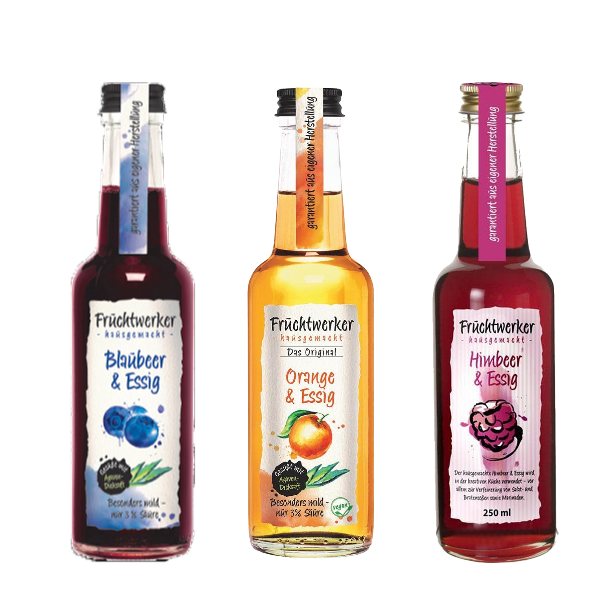 Fruchtwerker Essig und Frucht Set - Blaubeere + Orange + Himbeere Fruchtwerker Essig und Frucht Set - Blaubeere + Orange + Himbeere