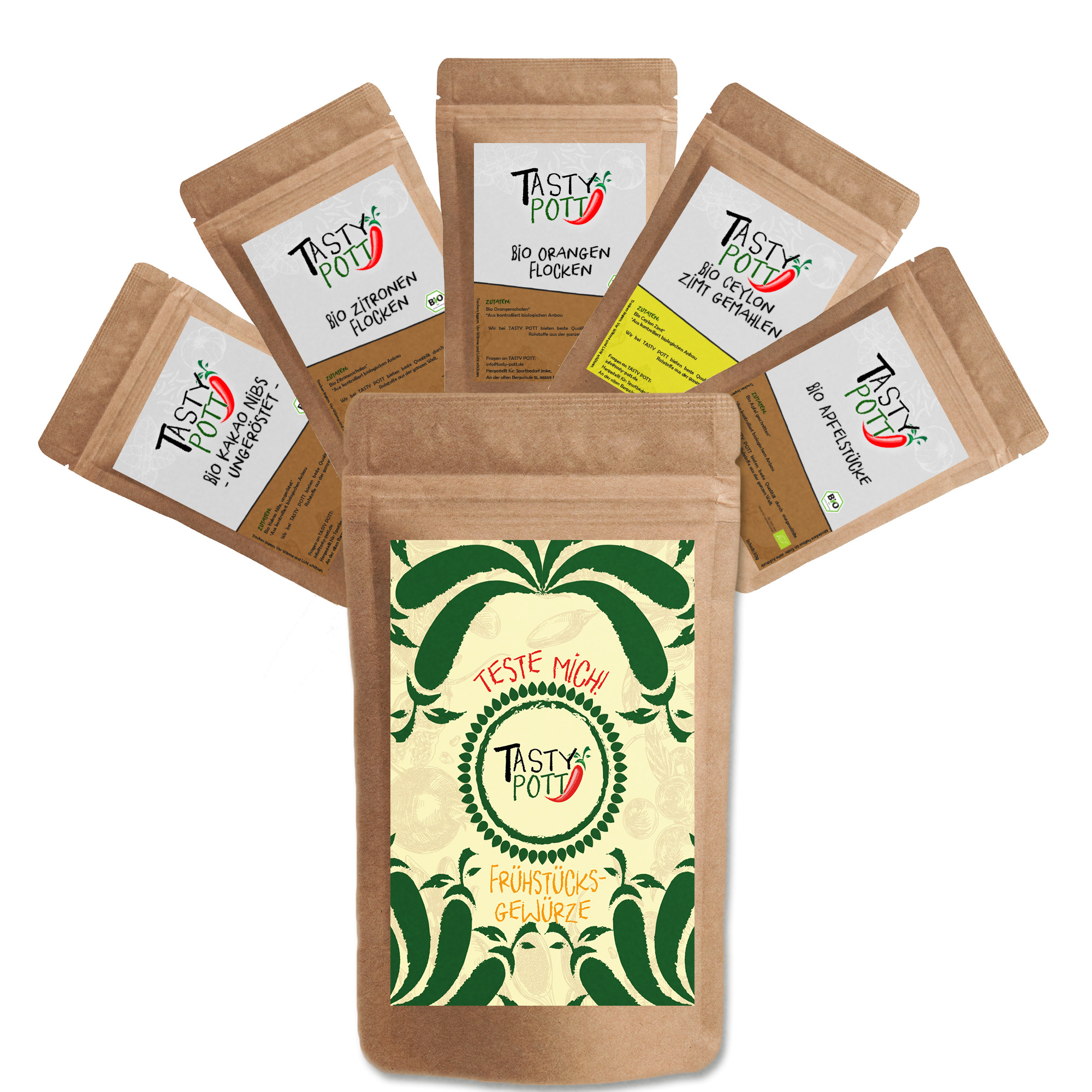 Tasty Pott Bio Frühstücksgewürze Set 5x 30g Probierset - z.B.für die Müslibowl