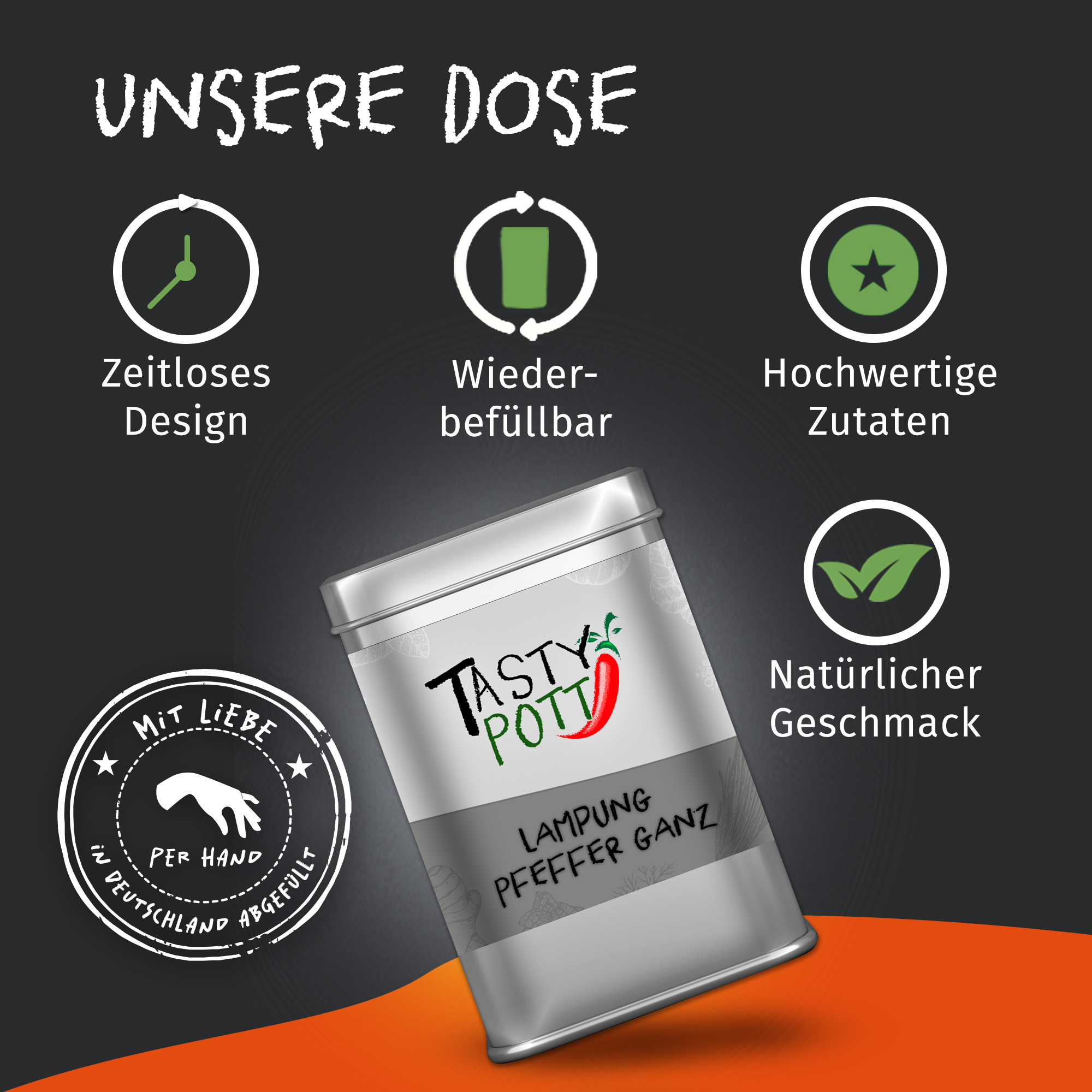 Lampung Pfeffer ganz - Stangenpfeffer - 50g Dose von Tasty Pott Lampung Pfeffer ganz - Stangenpfeffer - 50g Dose von Tasty Pott