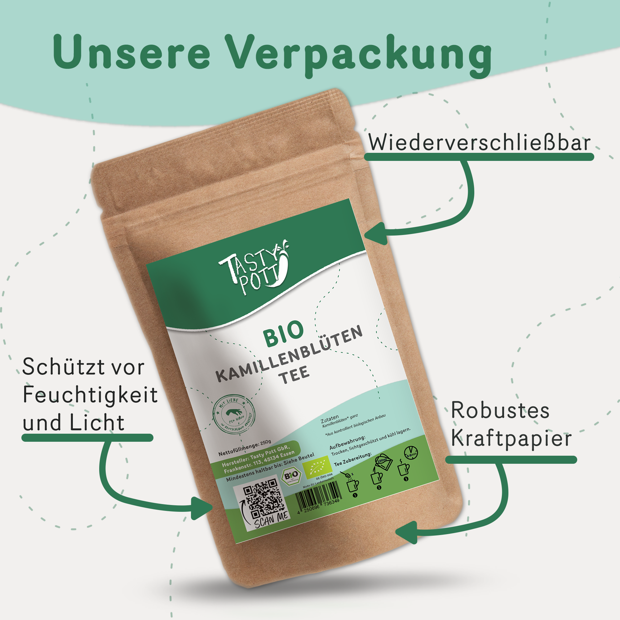 Kamillenblüten getrocknet, Bio - für leckeren Kamillentee | 250g Beutel Tasty Pott 