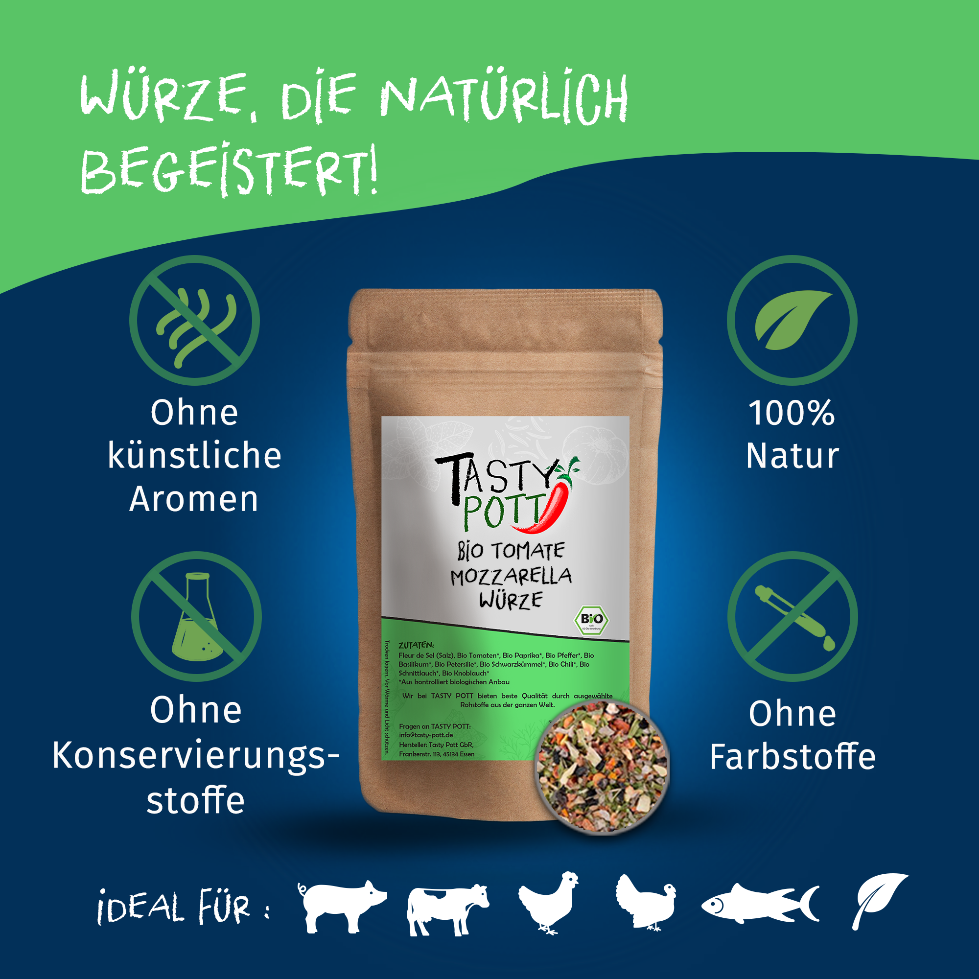 Bio Tomate Mozzarella Würze - Bio Kräutermischungen - 80g Dose von Tasty Pott