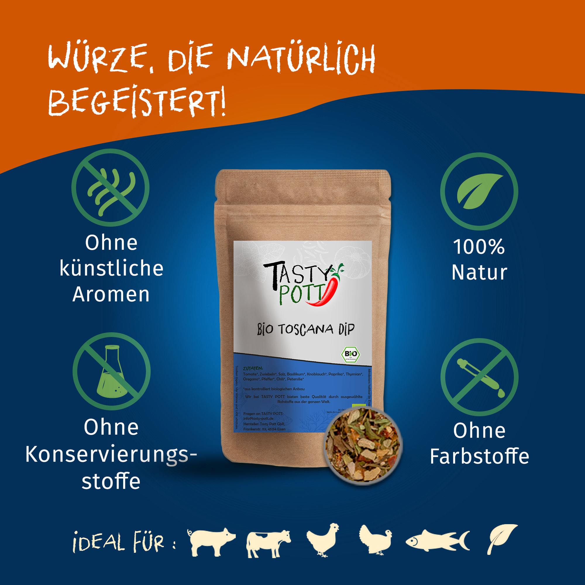 Bio Toscana Dip - Gewürzmischung für Dips - 75g Dose Tasty Pott Bio Toscana Dip - Gewürzmischung für Dips - 75g Dose Tasty Pott