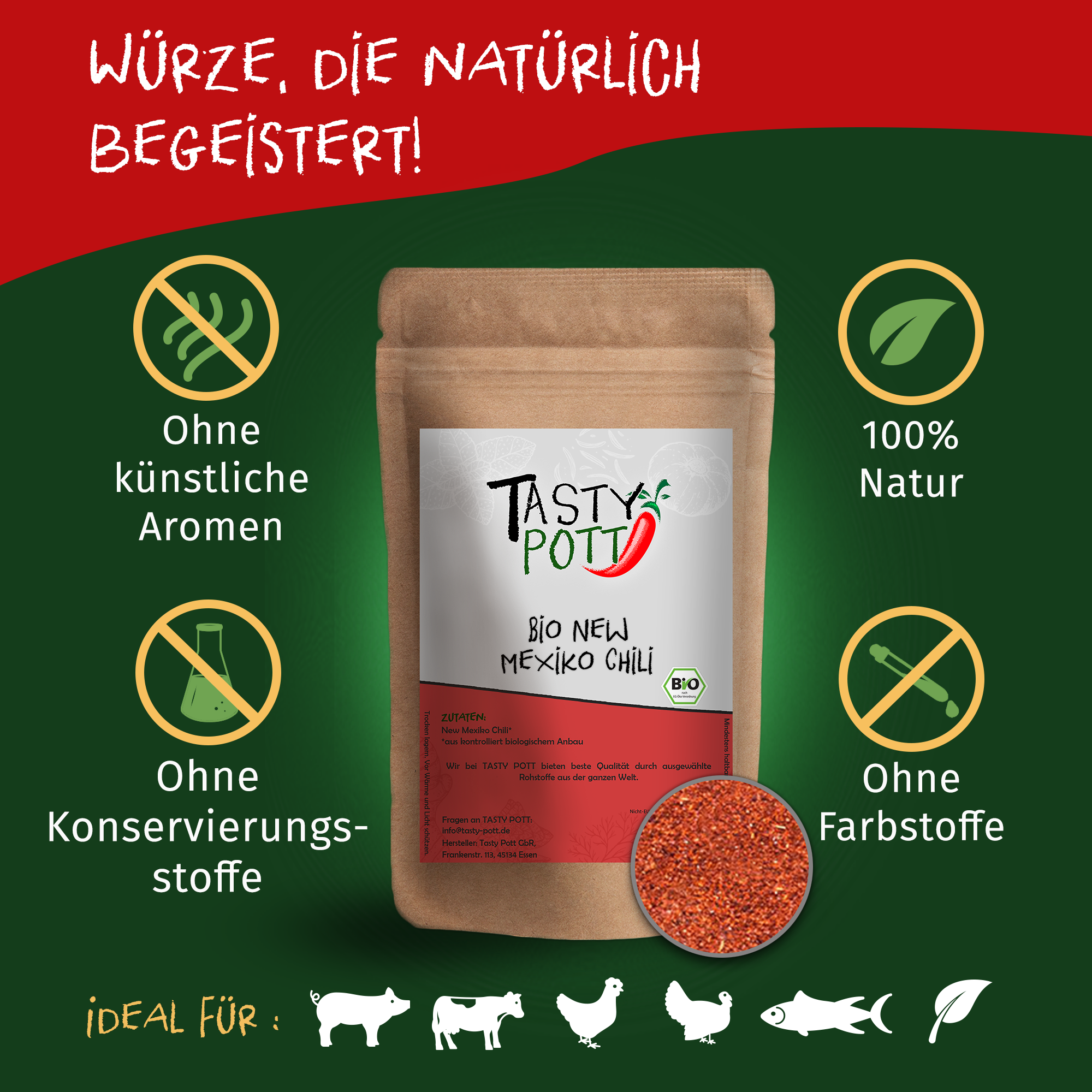 Tasty Pott Bio New Mexiko Chili Pulver Nachfüllbeutel 30g Tasty Pott Bio New Mexiko Chili Pulver Nachfüllbeutel 30g