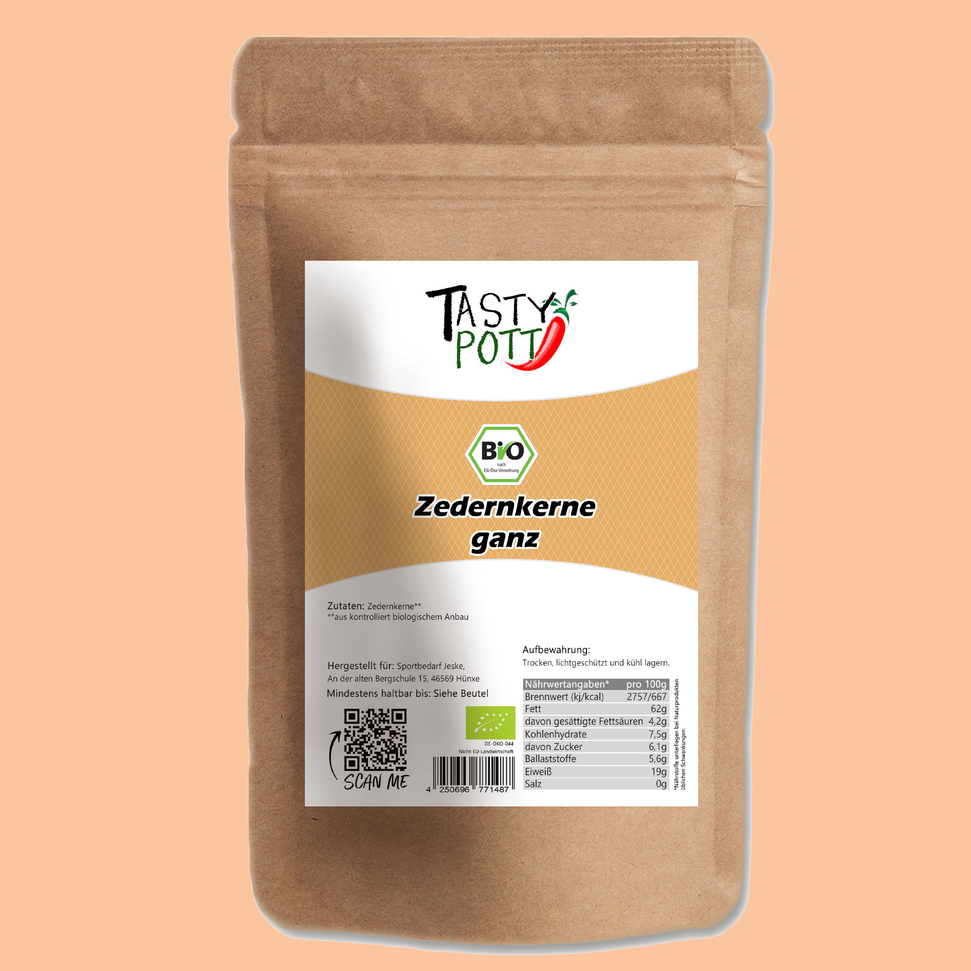 Bio Zedernkerne ganz 500g Beutel von Tasty Pott Bio Zedernkerne ganz 500g Beutel von Tasty Pott