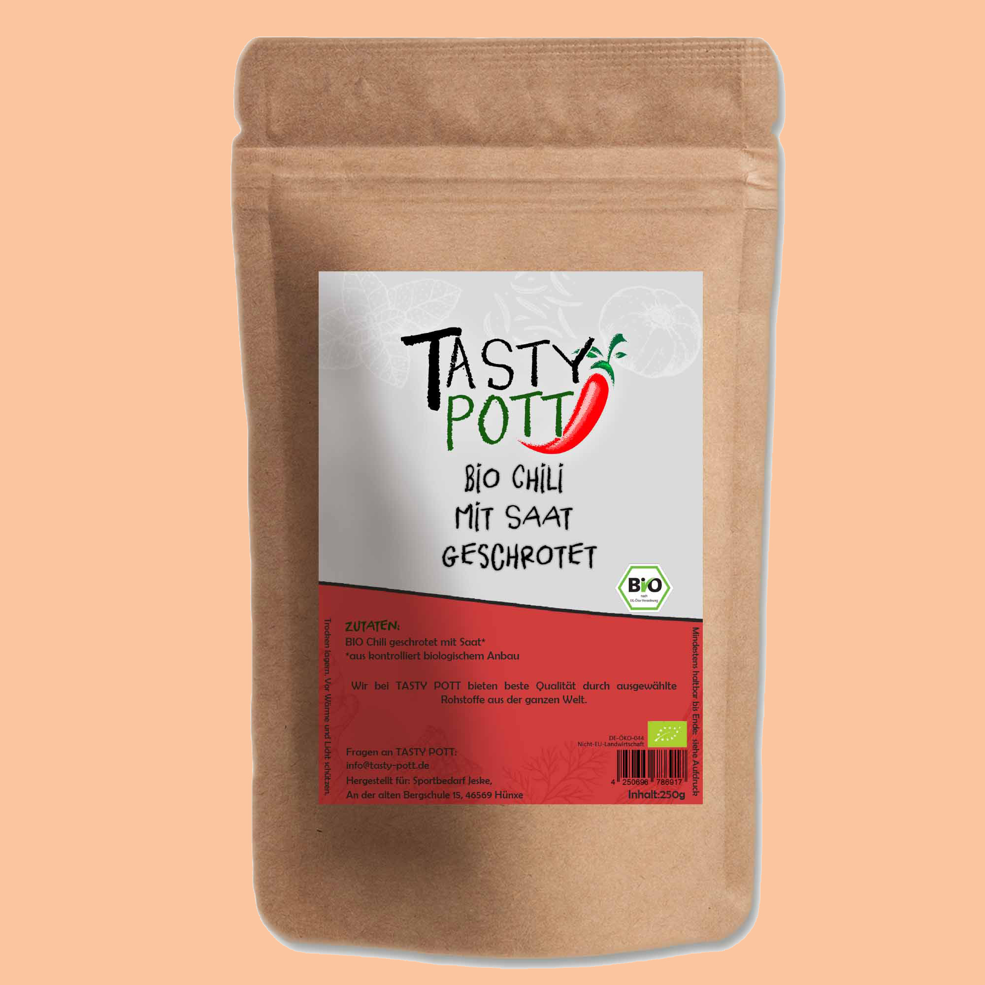 Bio Chili geschrotet mit Saat - Chilischrot - 250g Beutel Tasty Pott  Bio Chili geschrotet mit Saat - Chilischrot - 250g Beutel Tasty Pott