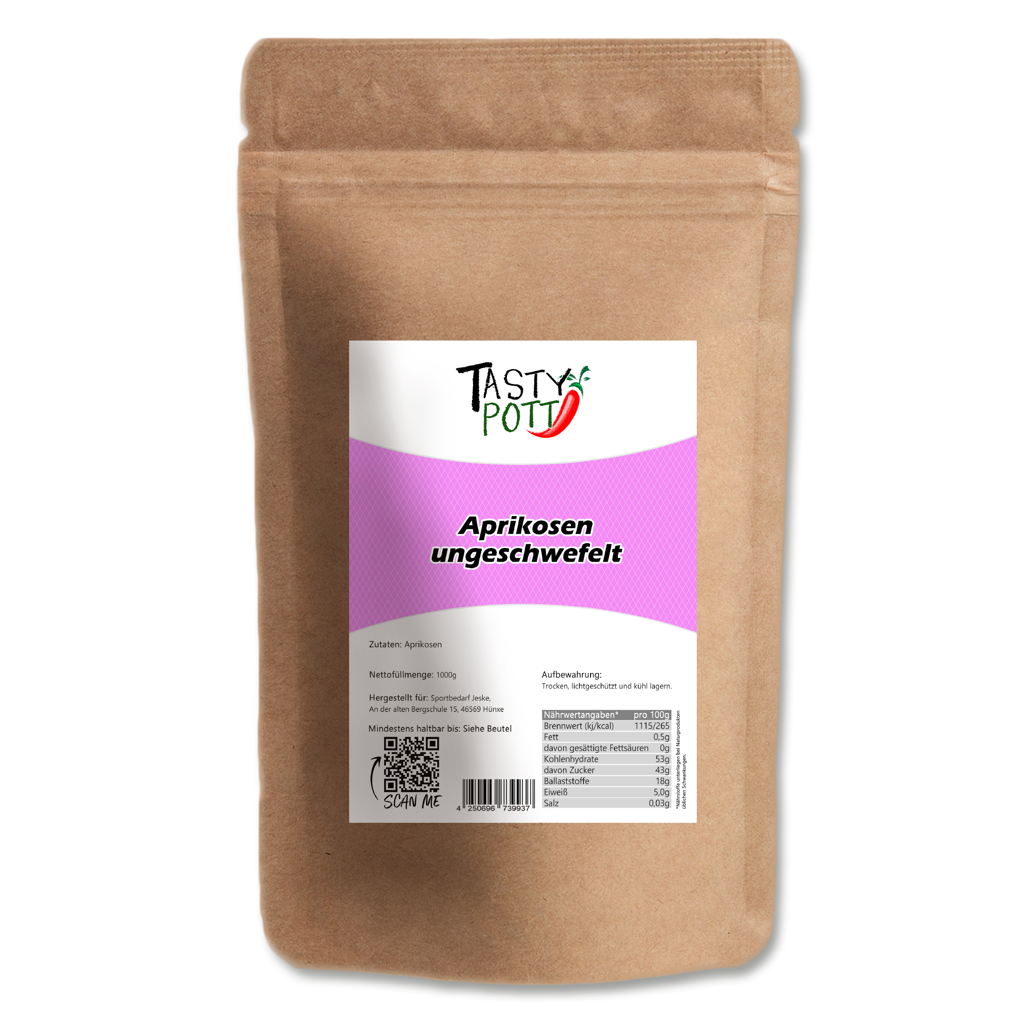 Aprikosen – getrocknet und ungeschwefelt - 1Kg Beutel Tasty Pott