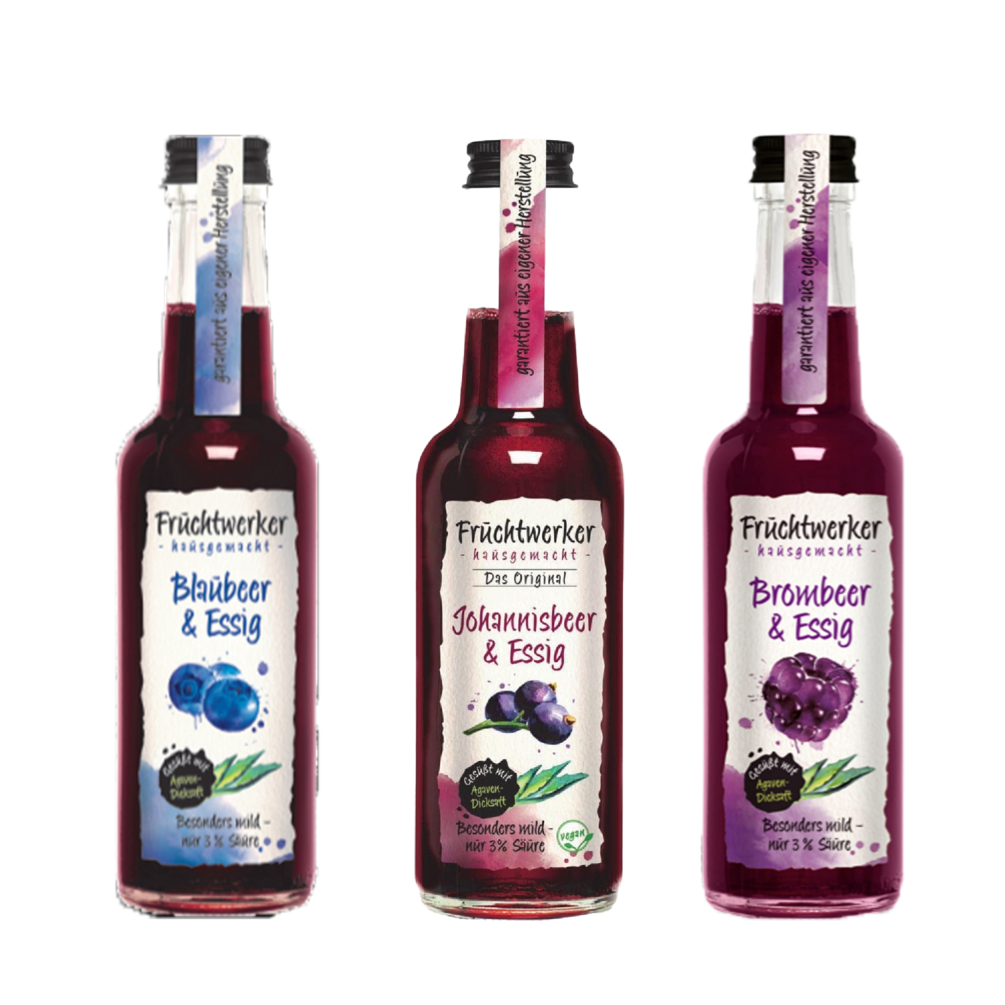 Fruchtwerker Essig und Frucht Set - Blaubeere + Johannisbeere + Brombeere Fruchtwerker Essig und Frucht Set - Blaubeere + Johannisbeere + Brombeere