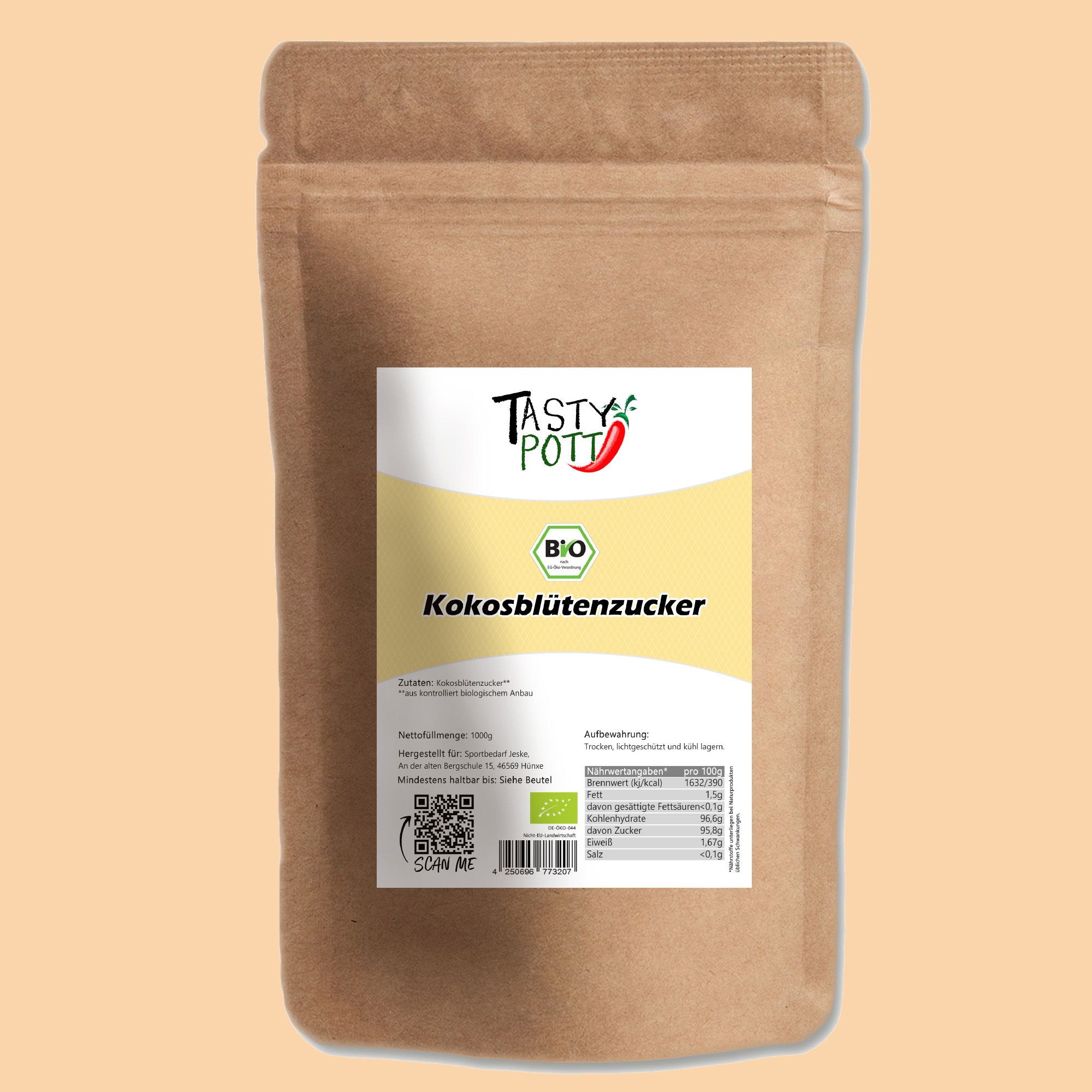 Bio Kokosblütenzucker - Zuckeralternative - 1kg Beutel von Tasty Pott 