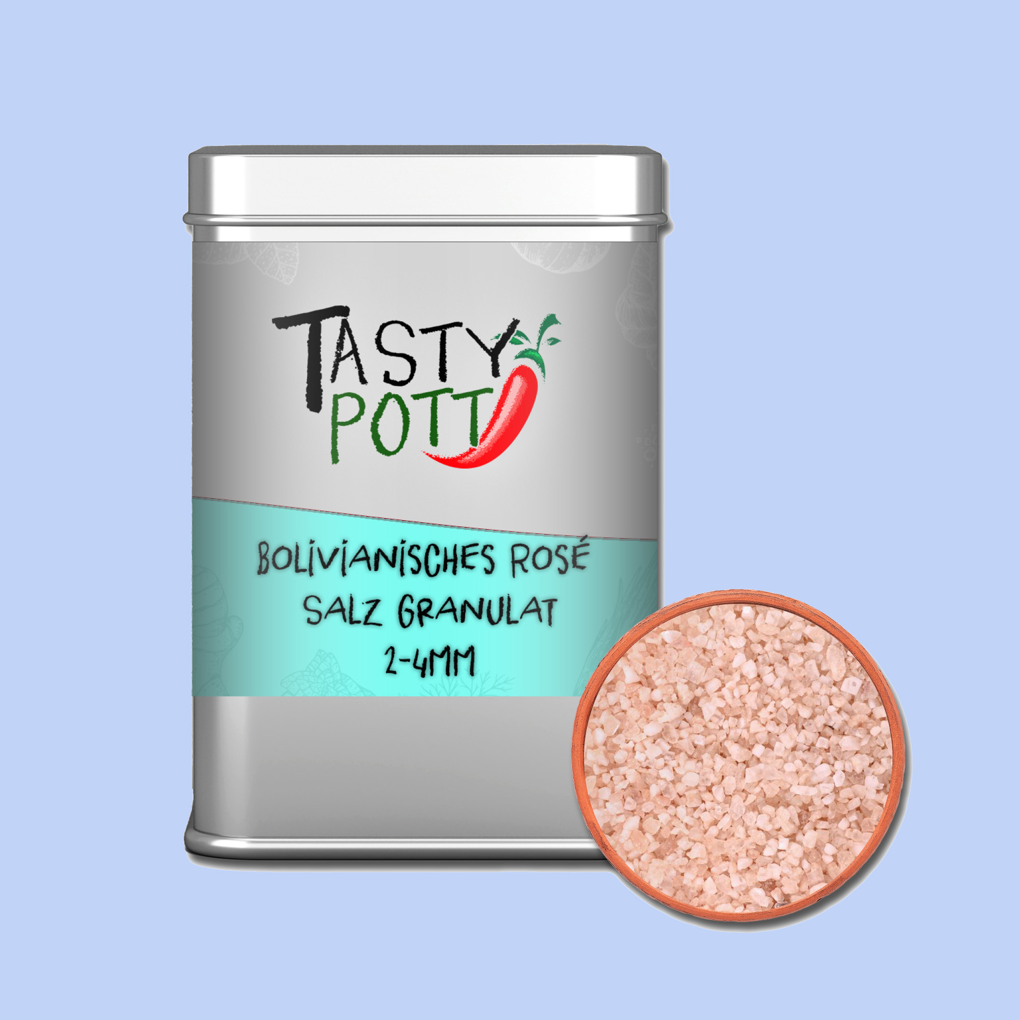 Bolivianisches Rosé Salz Granulat (2-4mm) 100g Dose von Tasty Pott  Bolivianisches Rosé Salz Granulat (2-4mm) 100g Dose von Tasty Pott