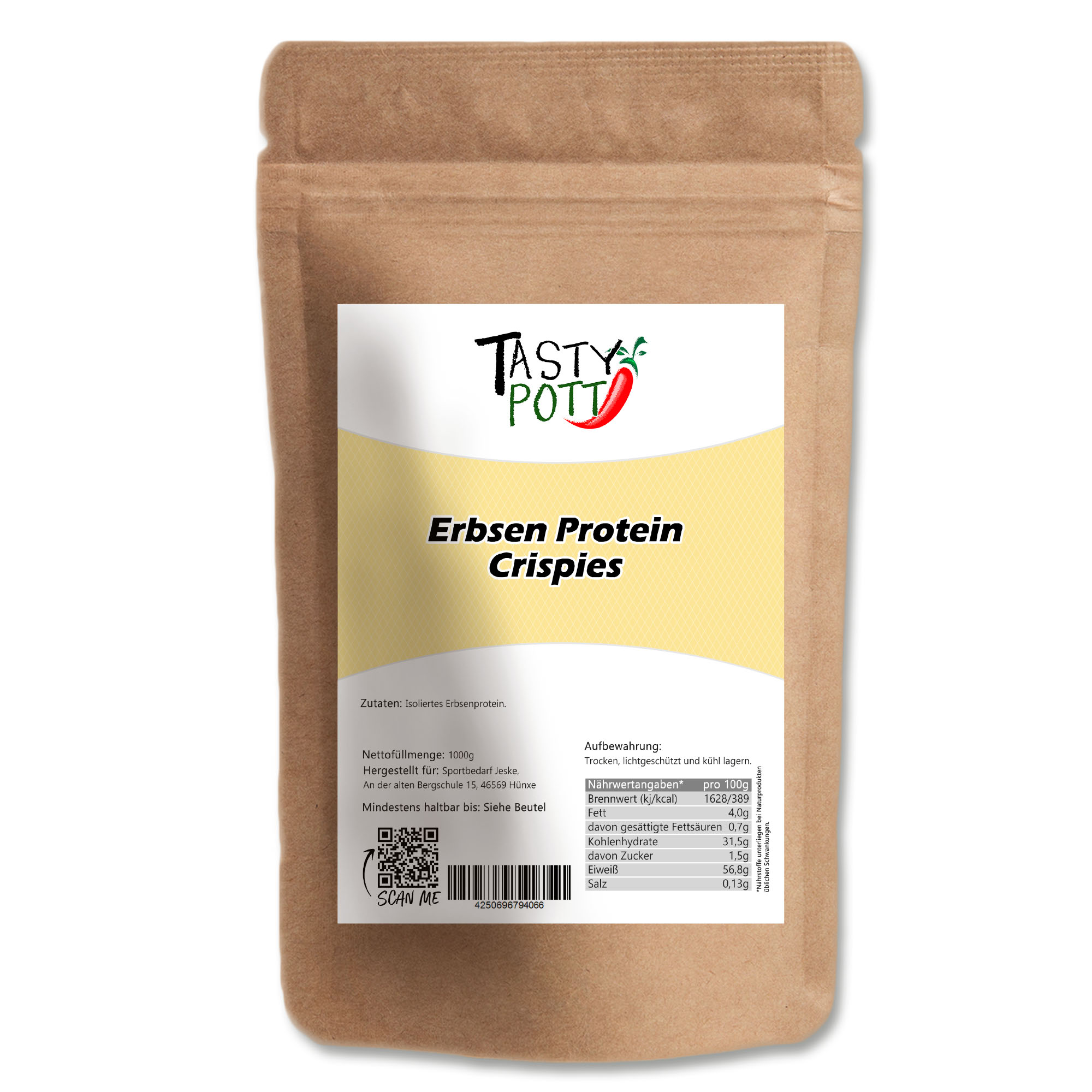 Erbsenprotein Crispies  57% Eiweiß 1kg Beutel von Tasty Pott