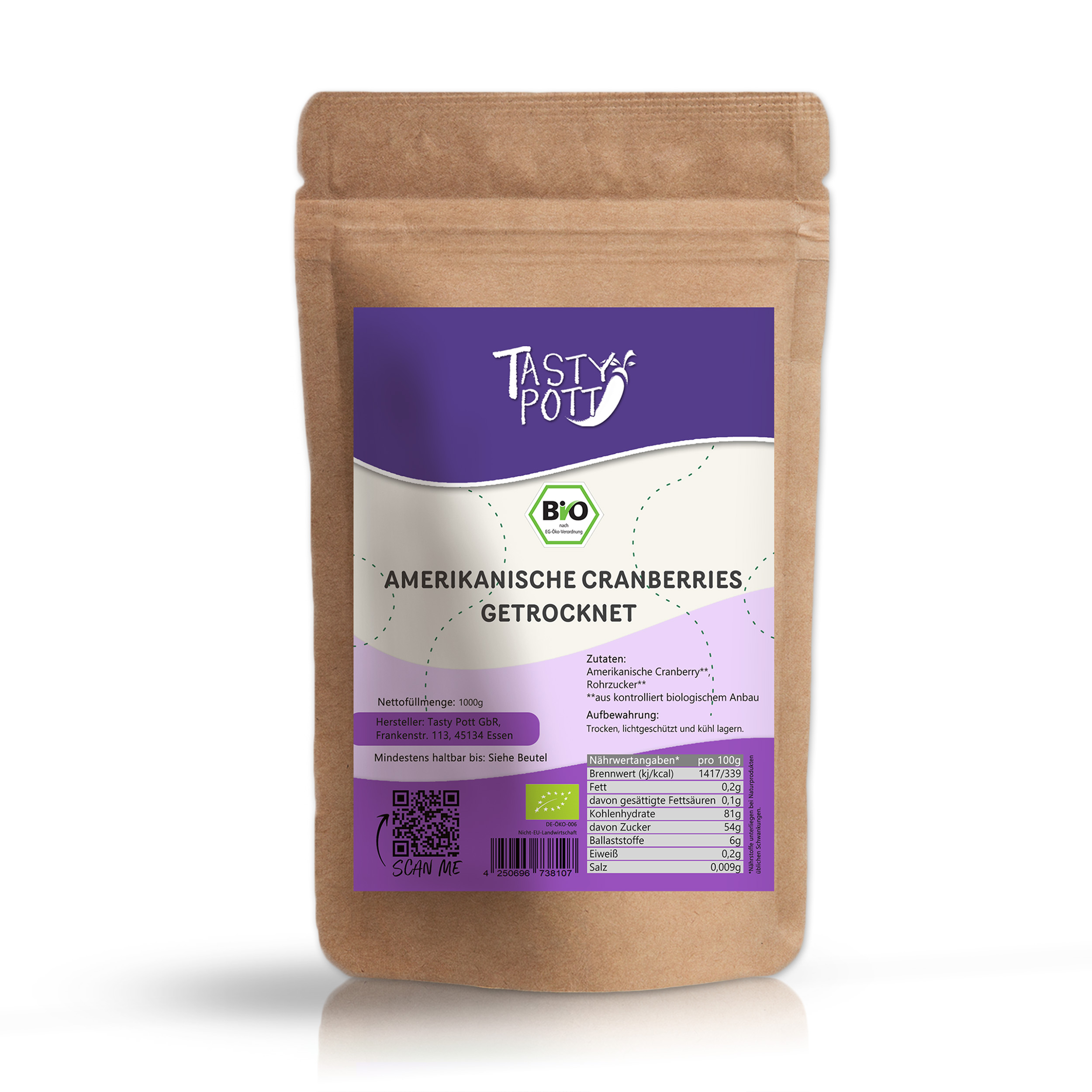 Tasty Pott Amerikanische Bio Cranberries, getrocknet 1Kg