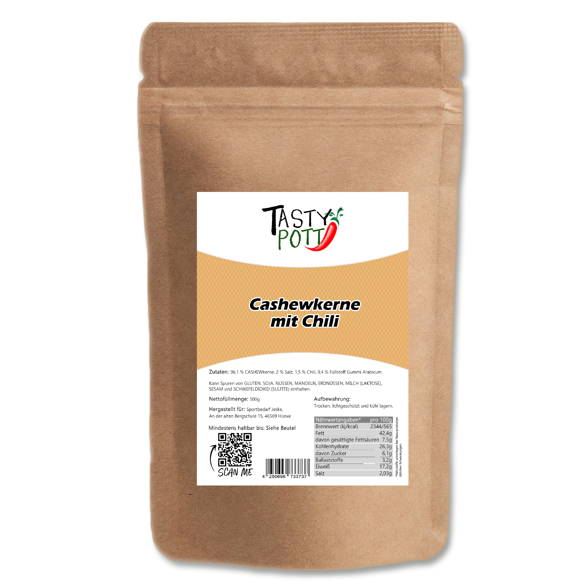 Cashewkerne Chili - geröstet & gesalzen 500g Beutel Tasty Pott