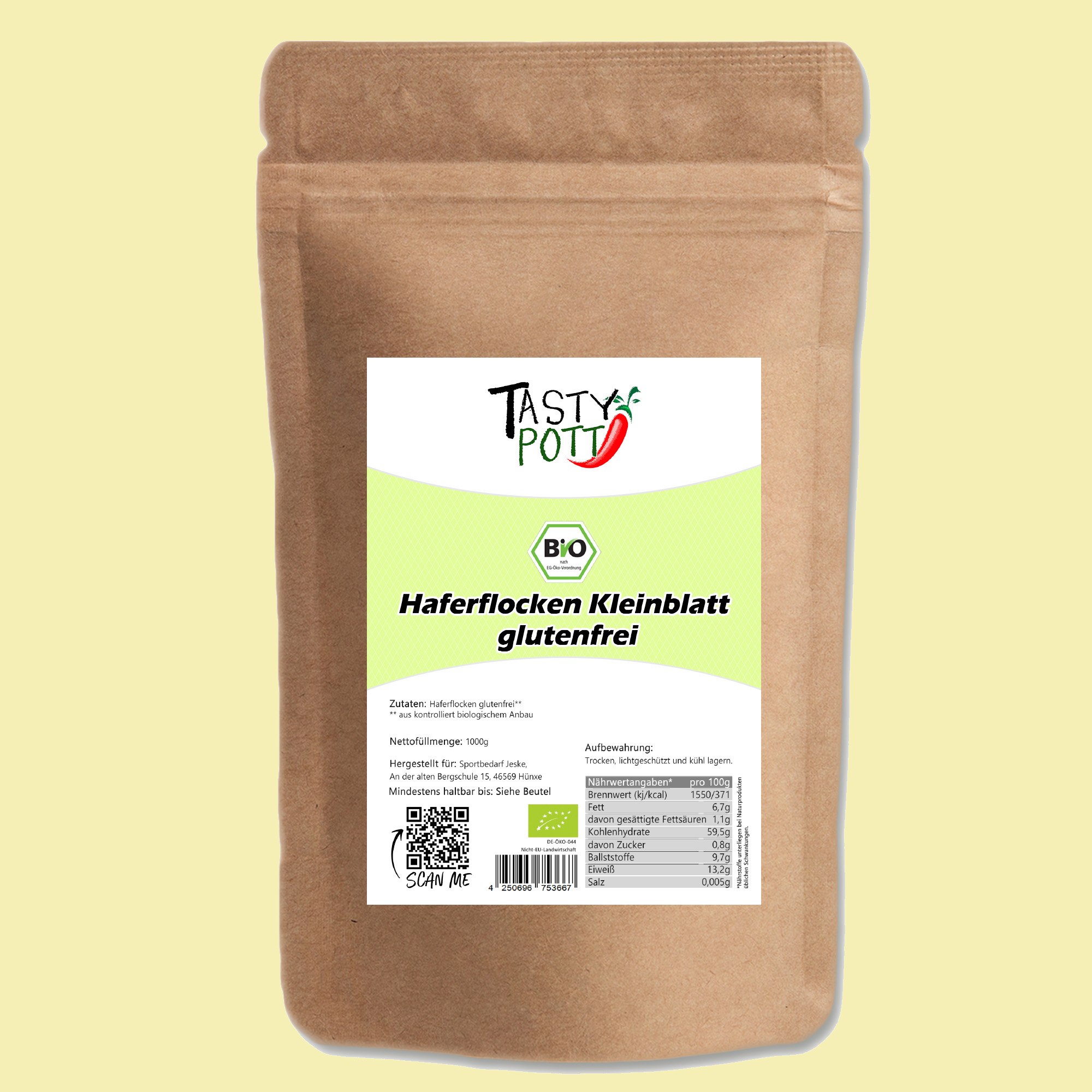 Bio Haferflocken Kleinblatt - glutenfrei - 1kg Beutel von Tasty Pott