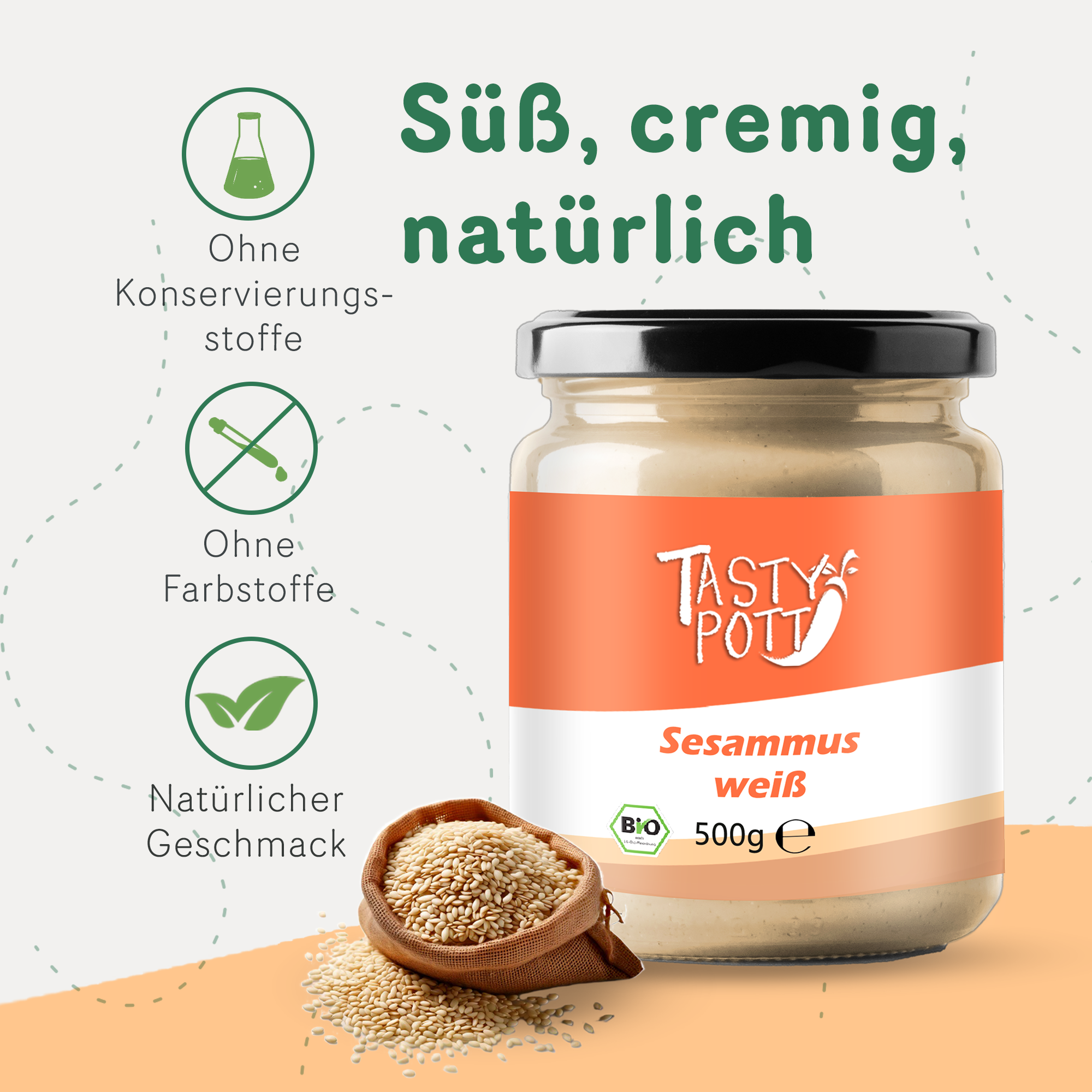 Sesammus weiß - Bio Sesammus Tahin | 500 g Glas Tasty Pott  