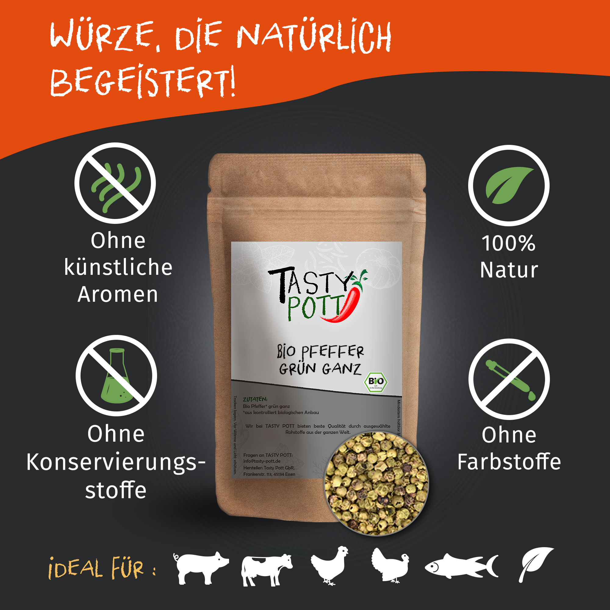 Tasty Pott Bio Pfeffer grün | ganz | Grüne Pfefferkörner - 40g Dose