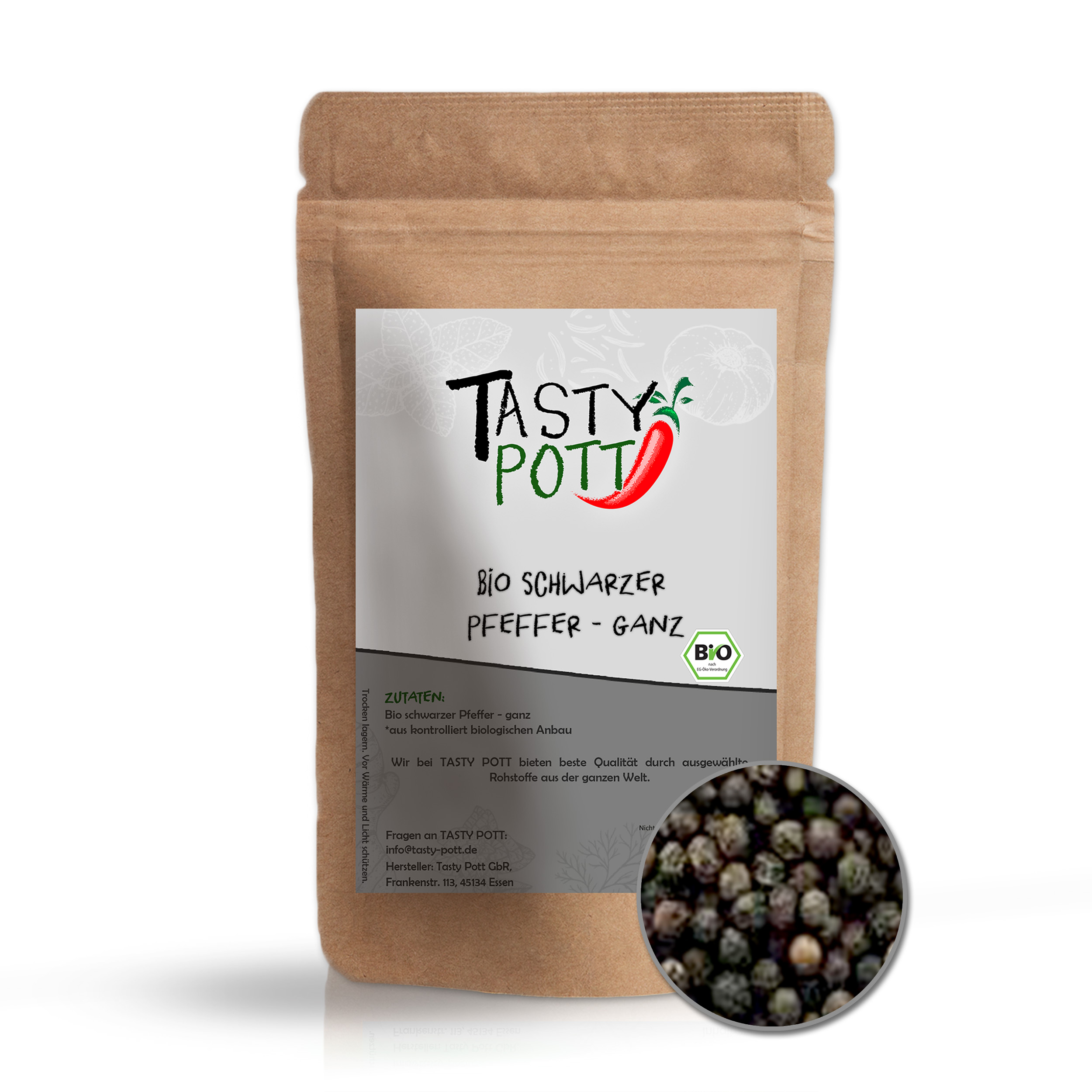 Tasty Pott Bio Schwarzer Pfeffer ganze Körner für Pfeffermühlen 