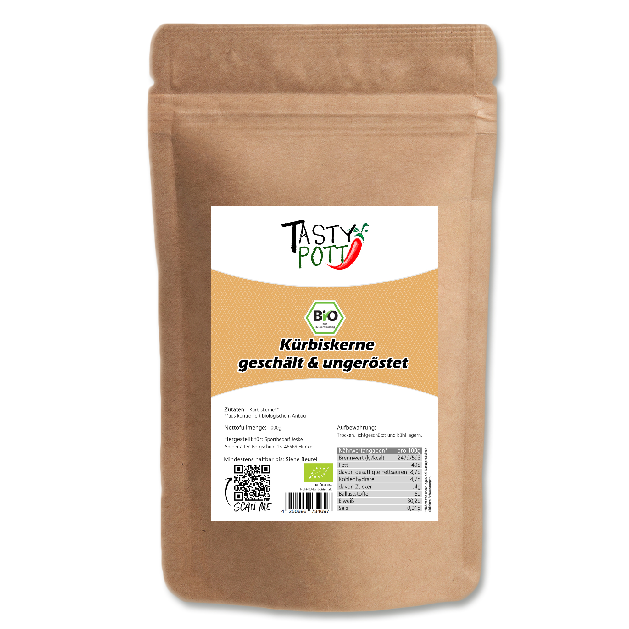 Bio Kürbiskerne - geschält und ungeröstet - 1Kg Beutel von Tasty Pott
