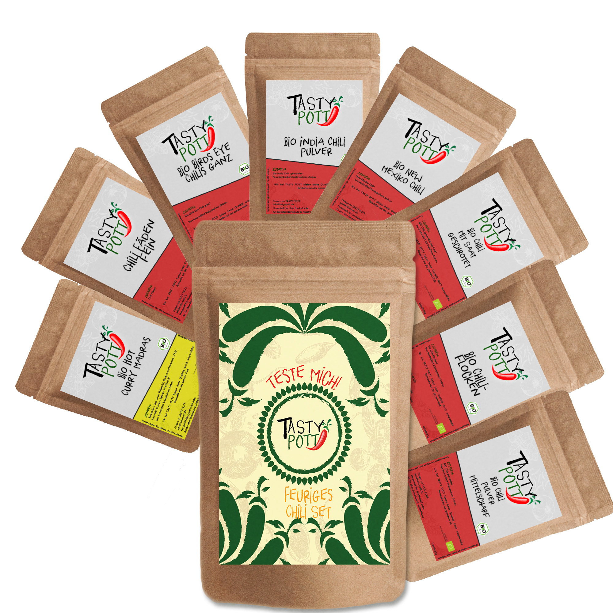Feuriges Chili Set - scharfe Chili Gewürze | 8x Probiergröße Tasty Pott  