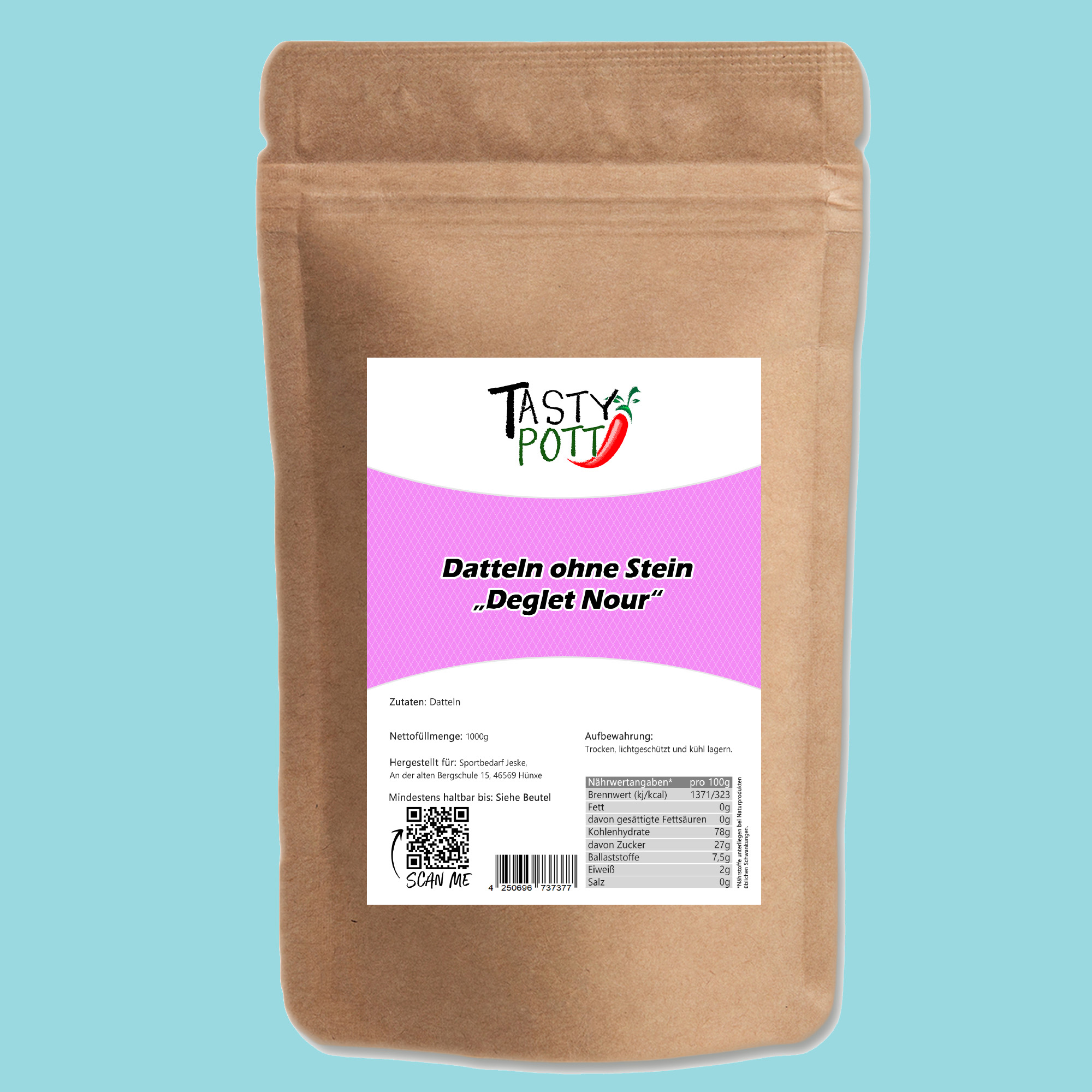 Deglet Nour Datteln ohne Stein - getrocknet und entsteint - 1kg Beutel von Tasty Pott 