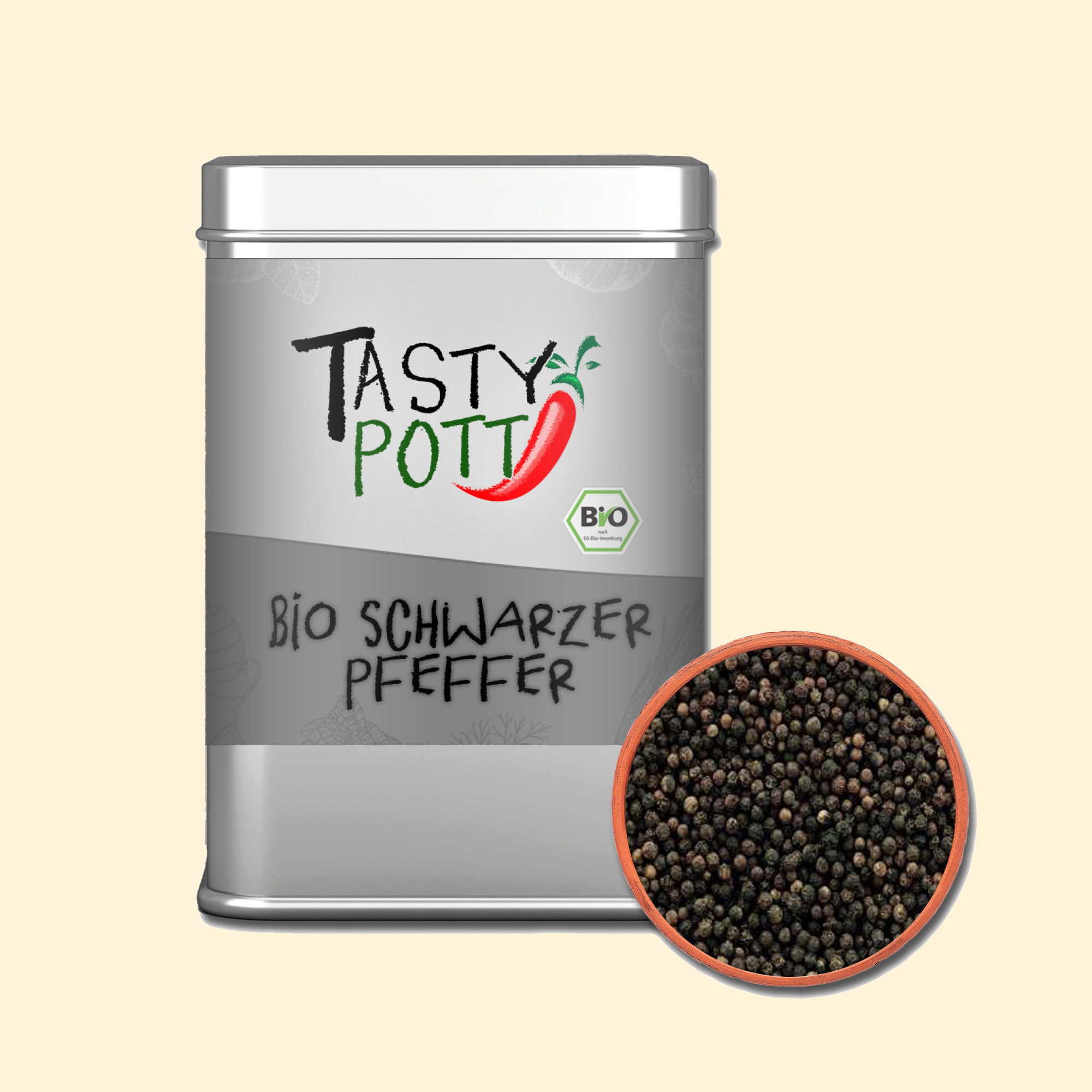 Bio Schwarzer Pfeffer - ganze Pfefferkörner - 50g Dose von Tasty Pott Bio Schwarzer Pfeffer - ganze Pfefferkörner - 50g Dose von Tasty Pott