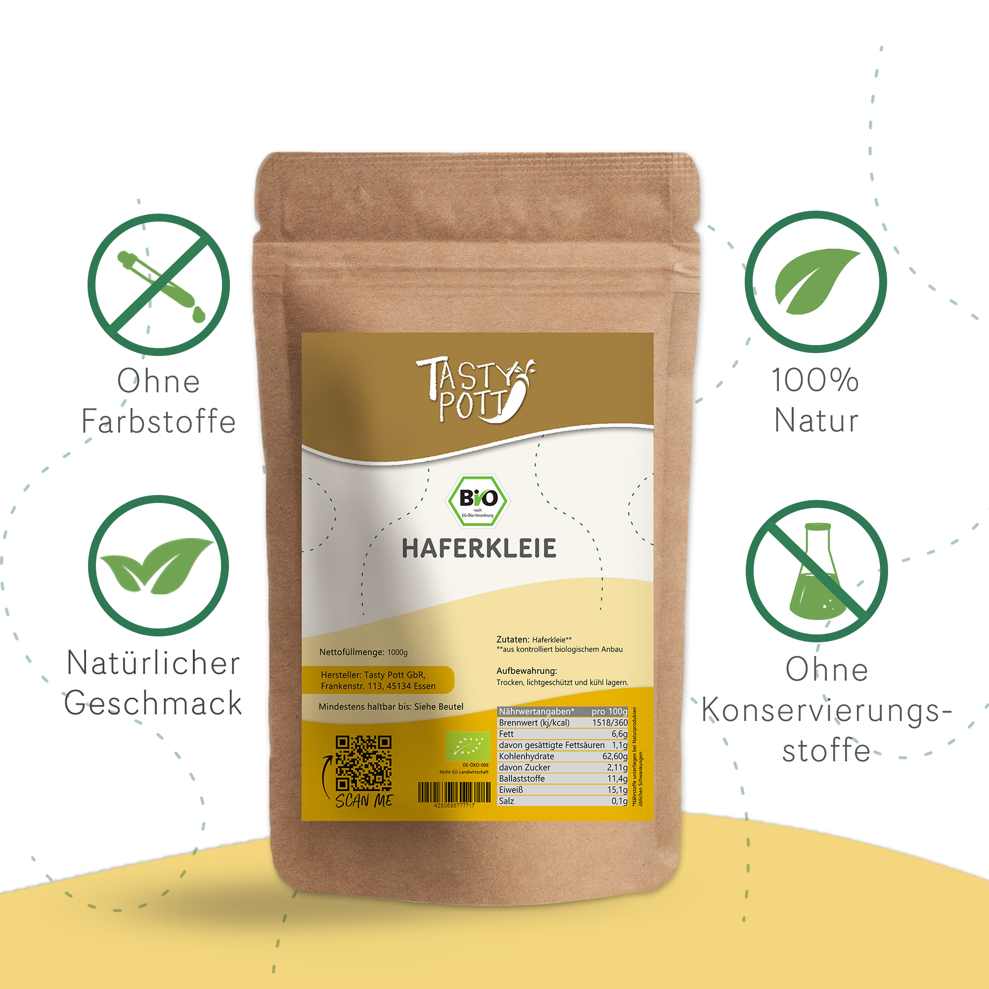 Tasty Pott Bio Haferkleie 1000g Beutel