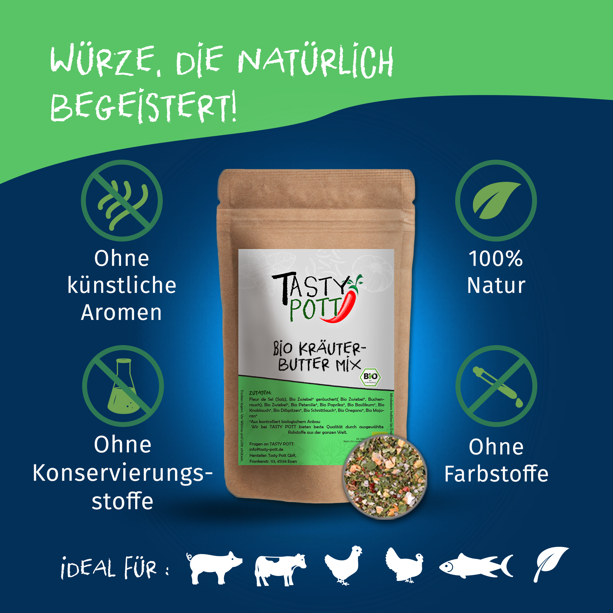 Bio Kräuterbutter Mix - Kräutermischung - 80g Dose von Tasty Pott