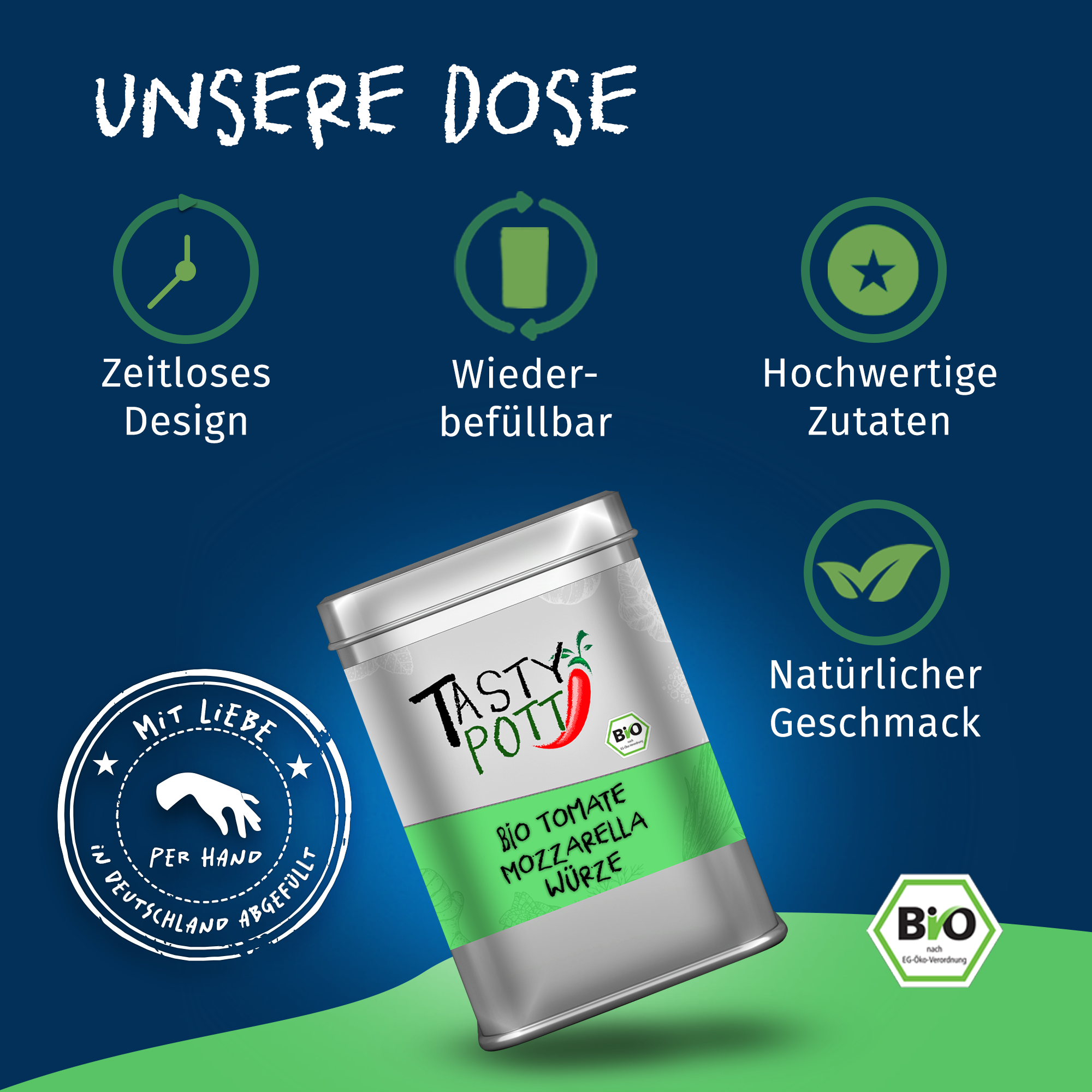 Bio Tomate Mozzarella Würze - Bio Kräutermischungen - 80g Dose von Tasty Pott