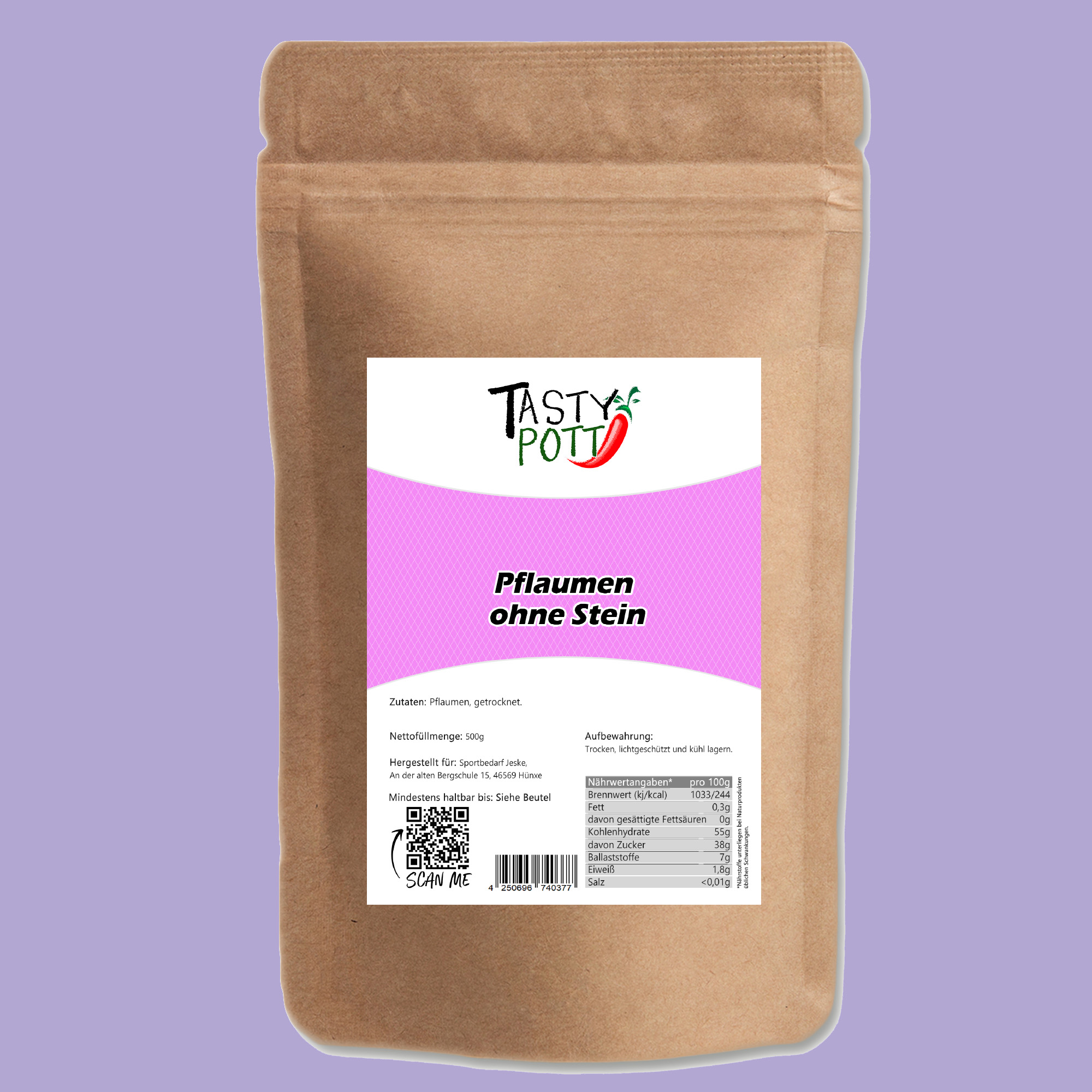 Pflaumen getrocknet ohne Stein und ohne Zusätze 1000g Beutel Tasty Pott  