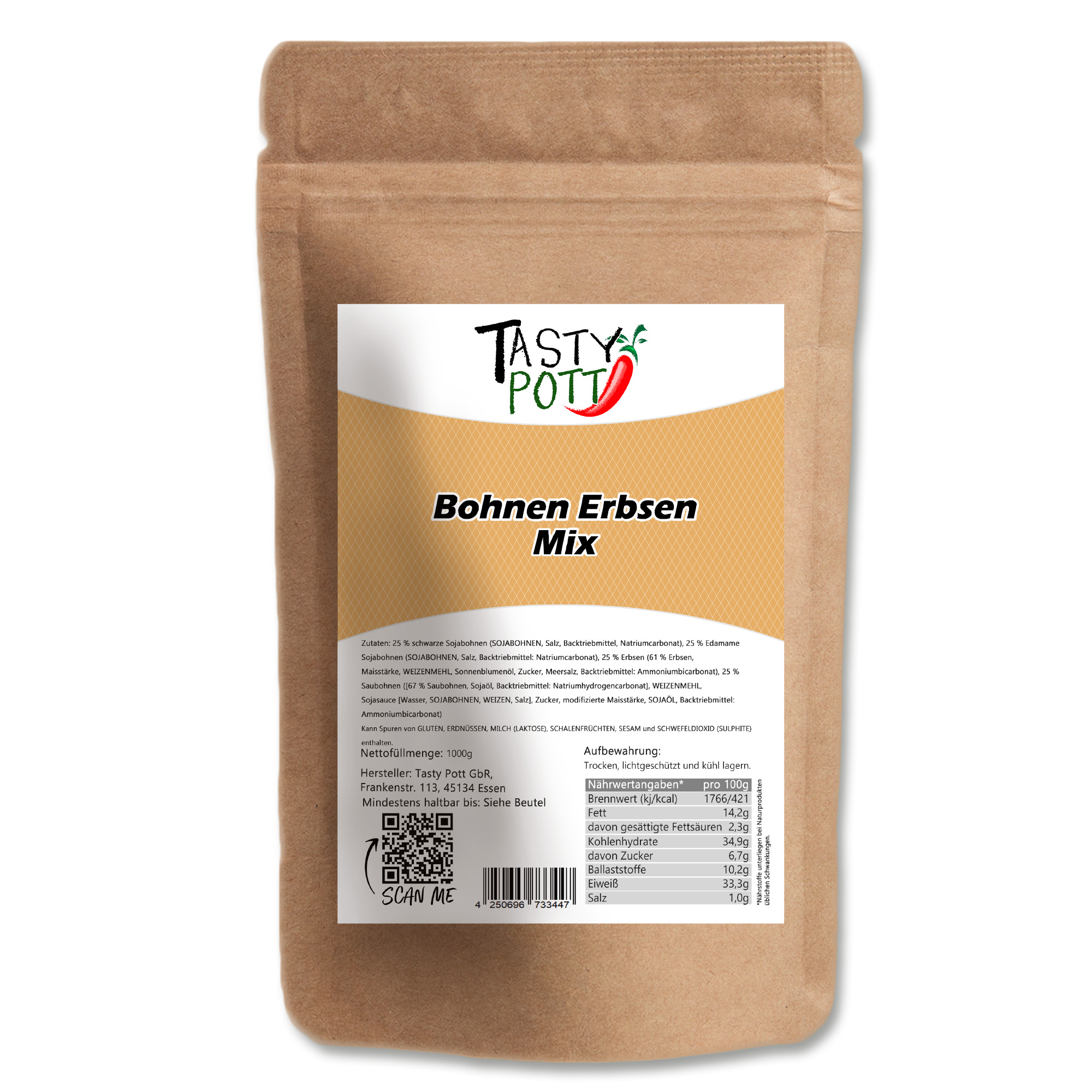 Tasty Pott Bohnen-Erbsen Mix, geröstet und gesalzen 1000g Beutel