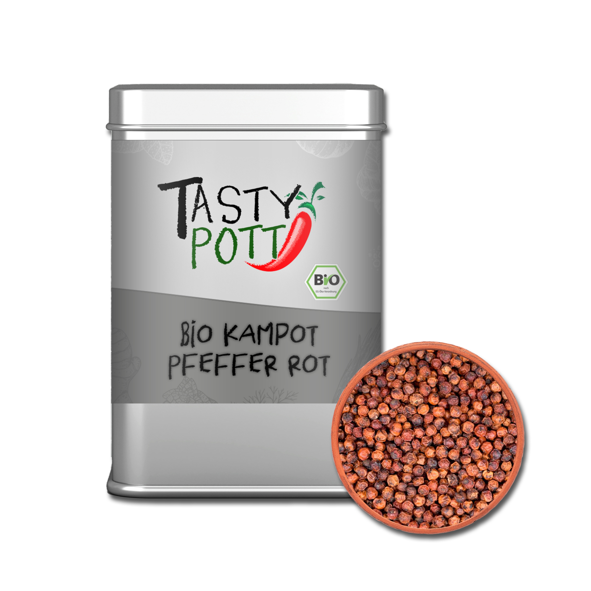 Tasty Pott Bio Kampot Pfeffer - Rote Pfefferkörner fruchtiges Aroma - 70g Dose Tasty Pott  Tasty Pott Bio Kampot Pfeffer - Rote Pfefferkörner fruchtiges Aroma - 70g Dose Tasty Pott
