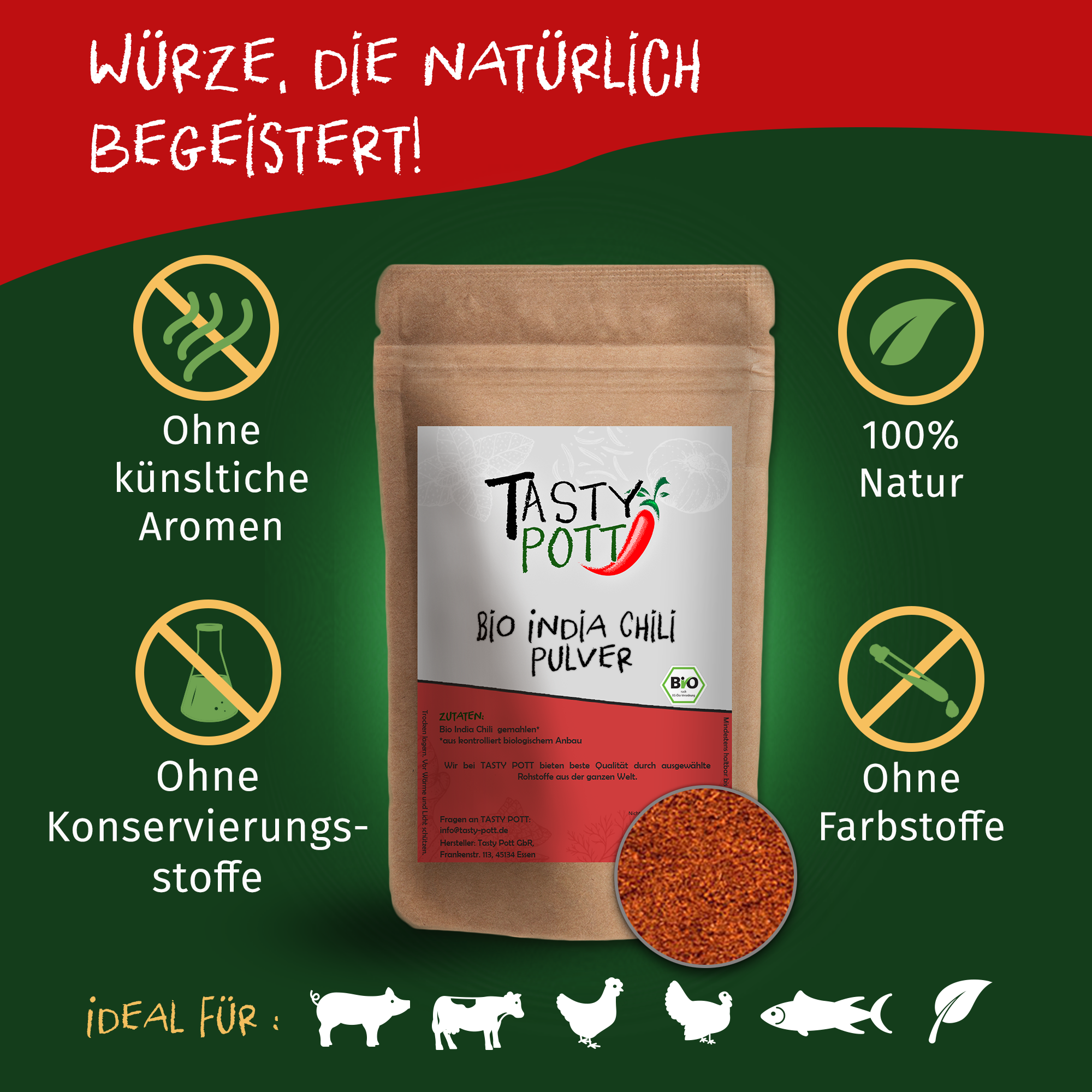 Bio India Chili - Indisches Chilipulver gemahlen - 80g Dose von Tasty Pott