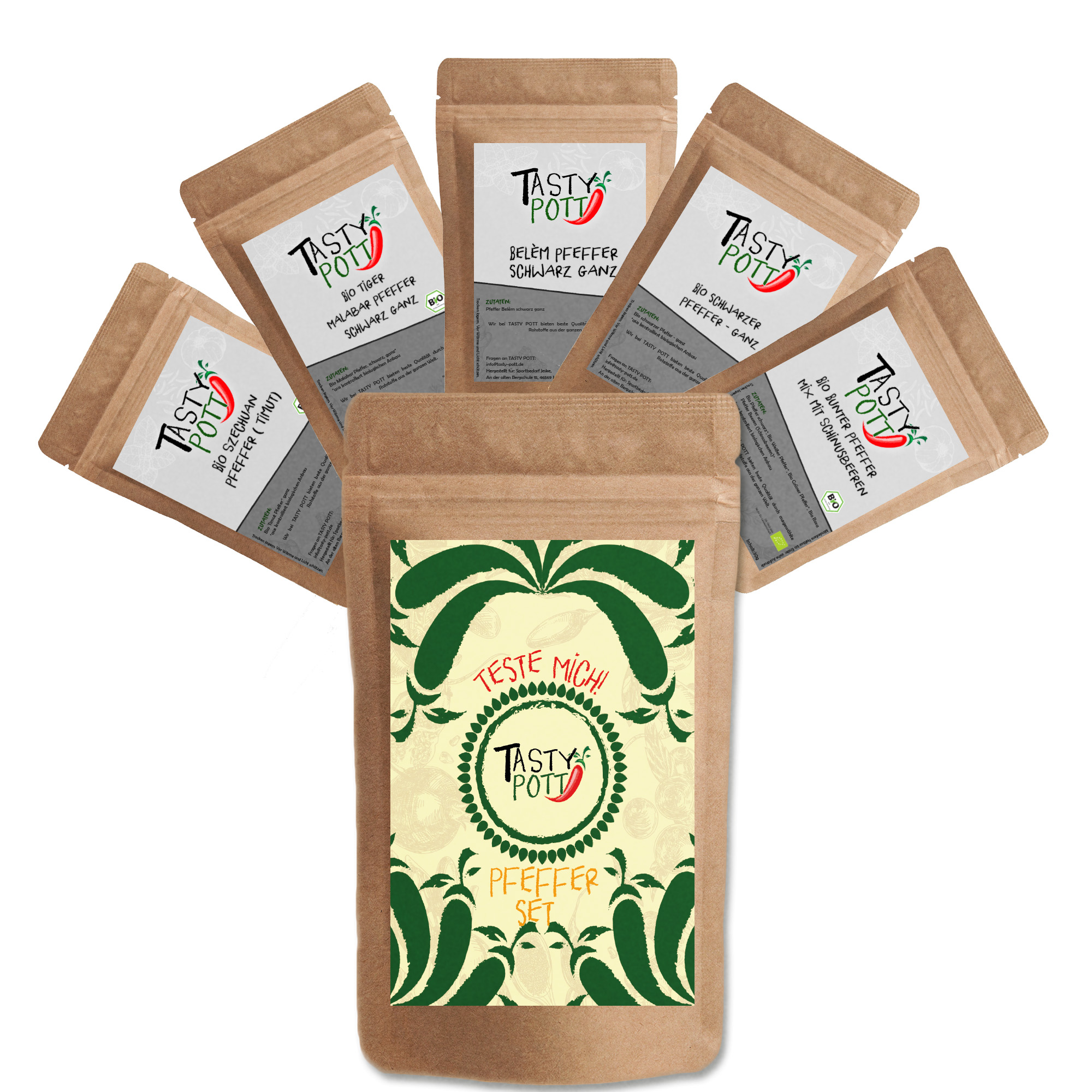Tasty Pott Pfeffer Set 5x 30g Probiergröße - Pfefferkörner - Verschiedene Sorten