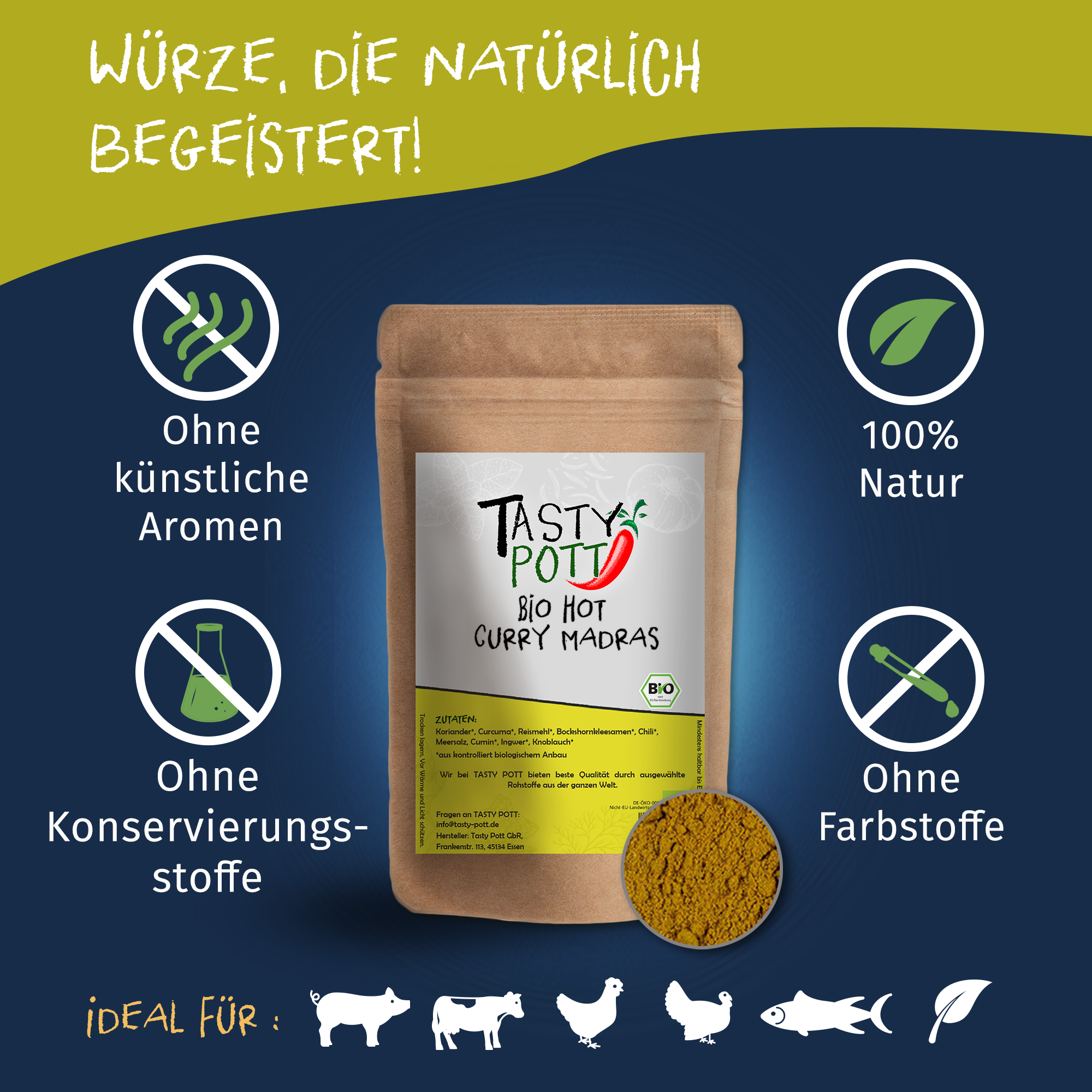 Hot Curry Madras - Madras Bio Curry Gewürz (scharf) - 100g Dose Tasty Pott