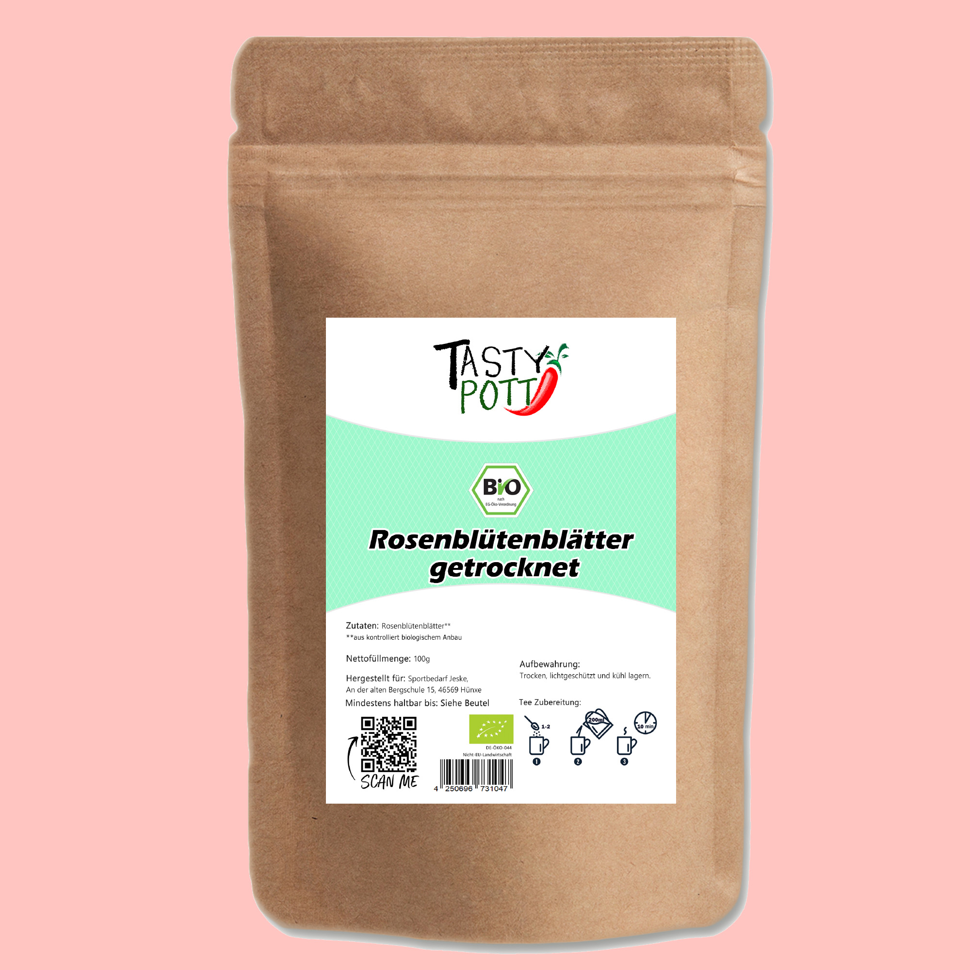Bio Rosenblütenblätter - Bio getrocknete Rosenblüten - 100g Beutel Tasty Pott Bio Rosenblütenblätter - Bio getrocknete Rosenblüten - 100g Beutel Tasty Pott