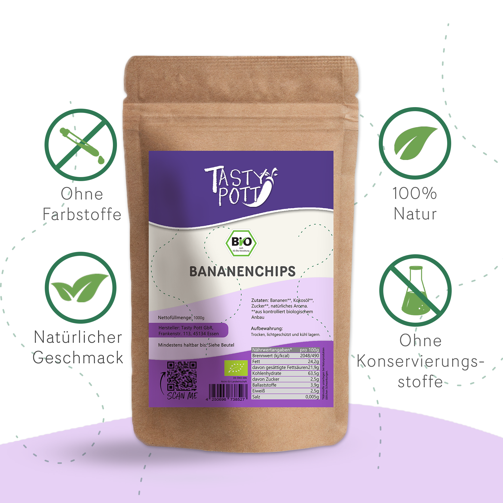 Bio Bananenchips - getrocknet mit Zuckerzusatz - 1Kg Beutel von Tasty Pott