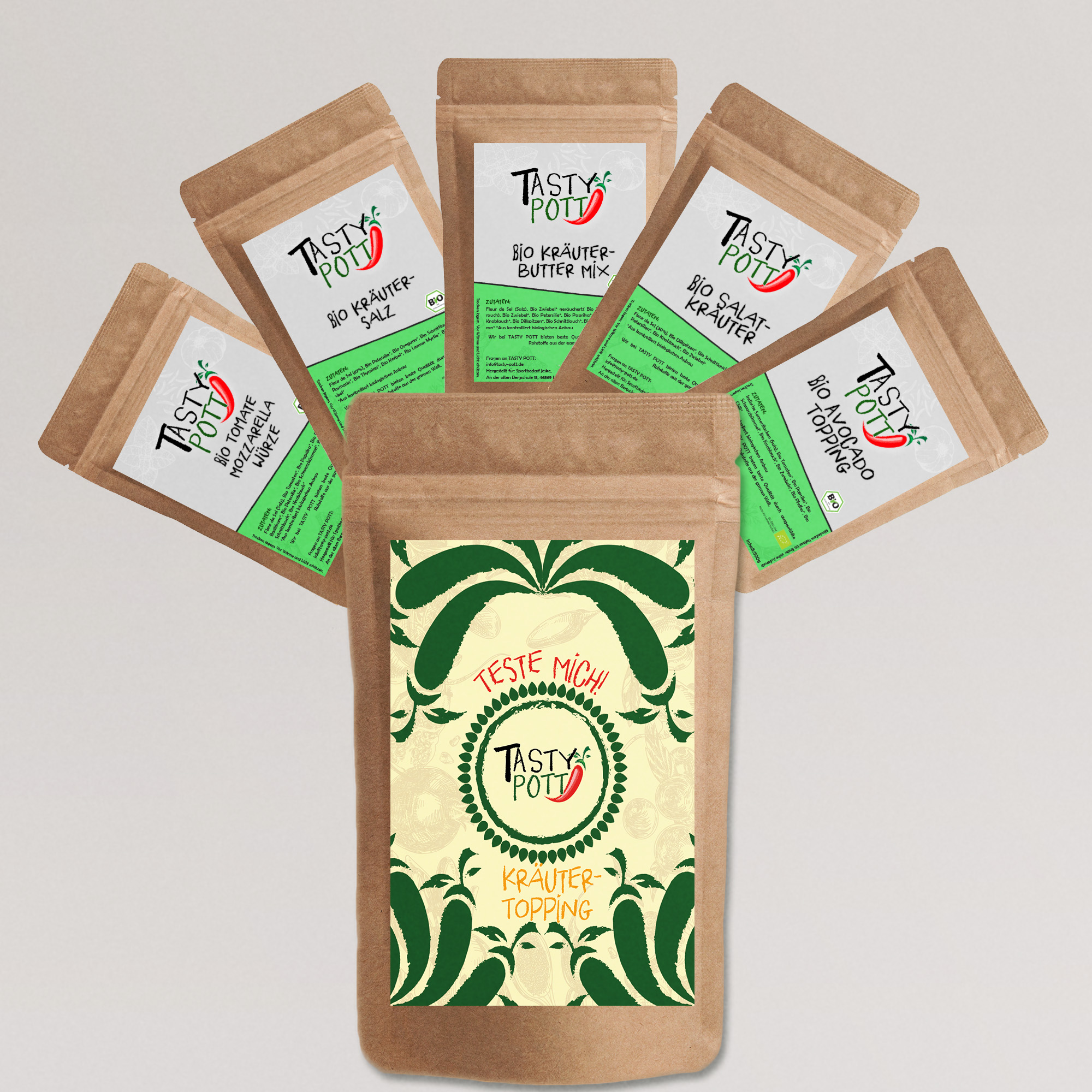 Tasty Pott Bio Kräuter Topping Set 5x 30g Probiergrößen - Kräutermischungen - Gewürze Tasty Pott Bio Kräuter Topping Set 5x 30g Probiergrößen - Kräutermischungen - Gewürze